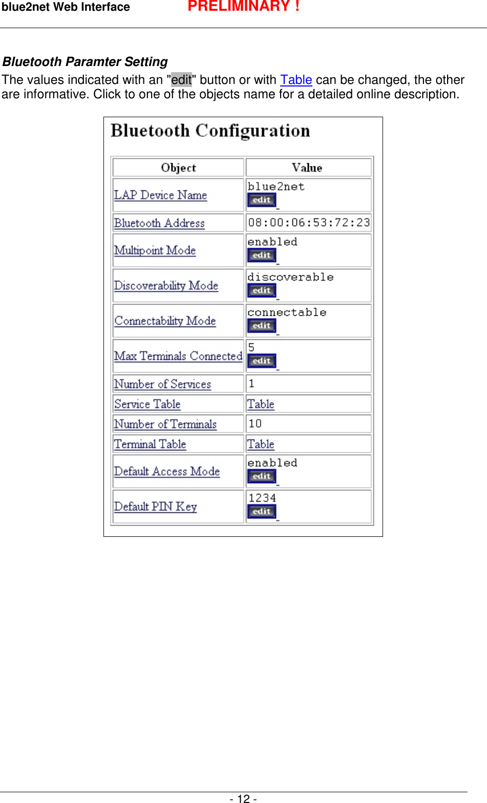 blue2net Web Interface PRELIMINARY !- 12 -Bluetooth Paramter SettingThe values indicated with an "edit" button or with Table can be changed, the otherare informative. Click to one of the objects name for a detailed online description.