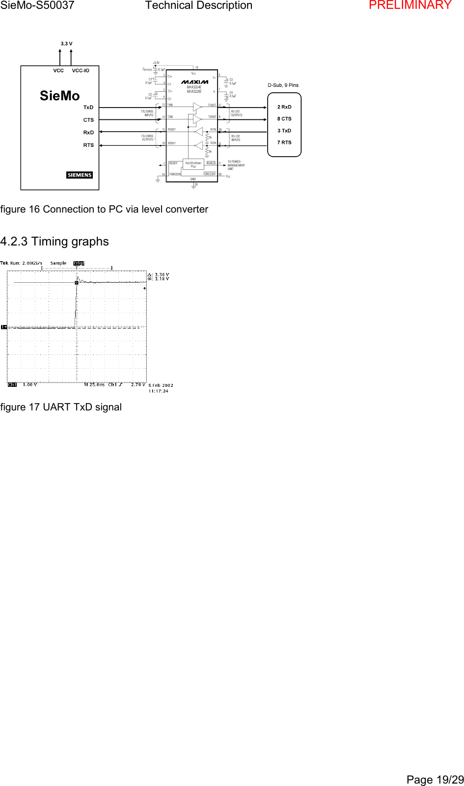SieMo-S50037       Technical Description    PRELIMINARYPage 19/29figure 16 Connection to PC via level converter4.2.3 Timing graphsfigure 17 UART TxD signal