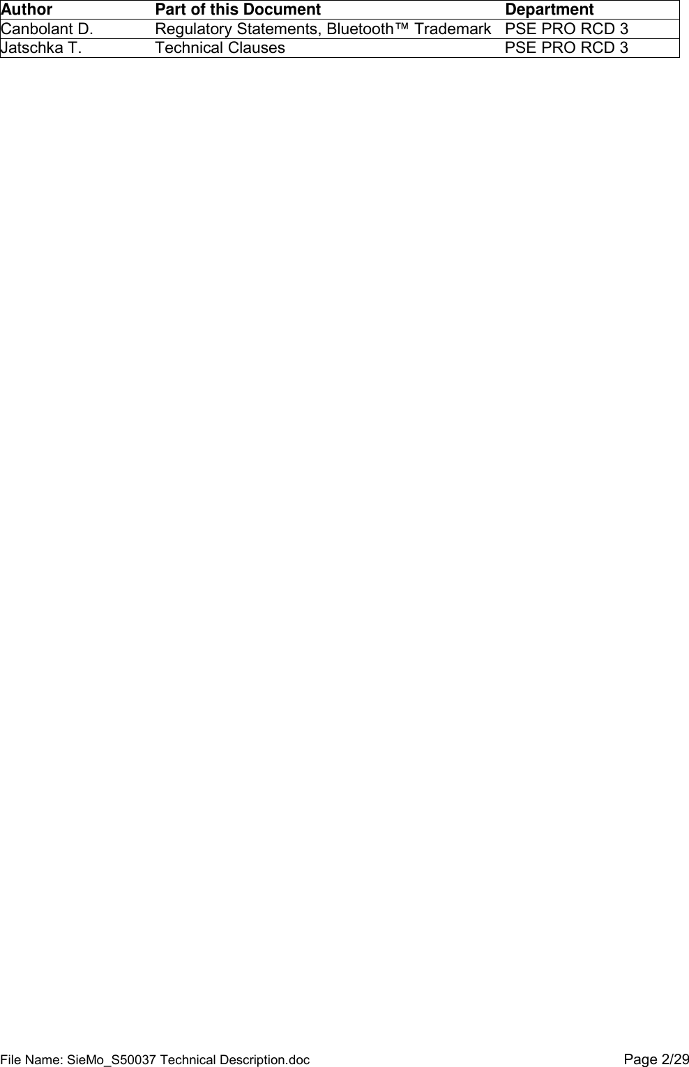 File Name: SieMo_S50037 Technical Description.doc  Page 2/29Author Part of this Document DepartmentCanbolant D. Regulatory Statements, Bluetooth&trade; Trademark PSE PRO RCD 3Jatschka T. Technical Clauses PSE PRO RCD 3