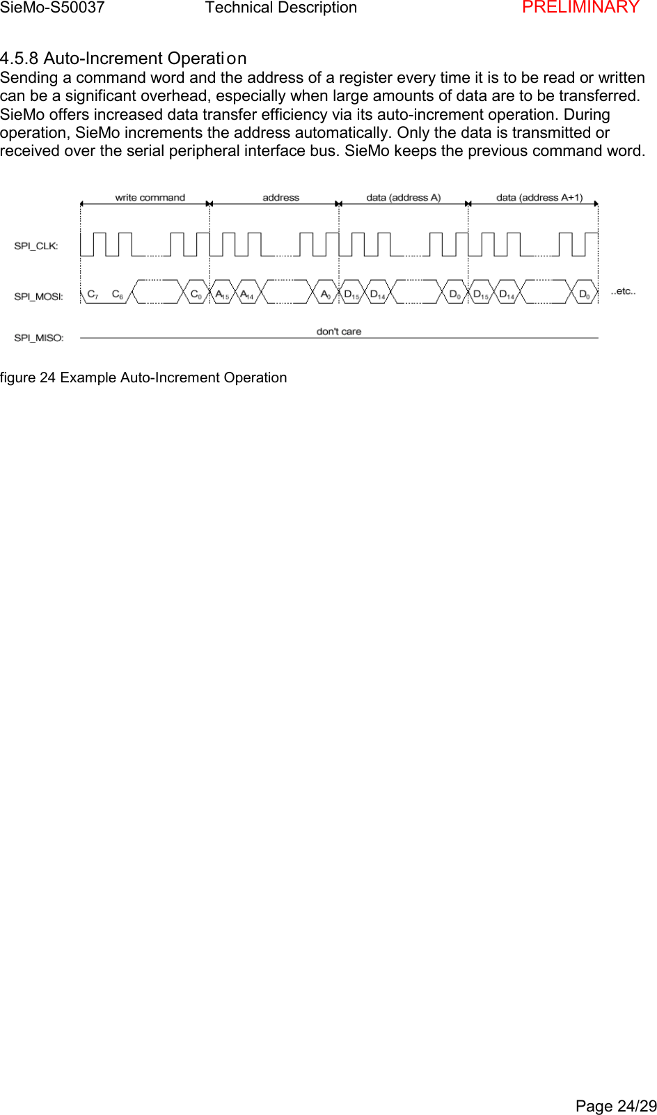 SieMo-S50037       Technical Description    PRELIMINARYPage 24/294.5.8 Auto-Increment Operati onSending a command word and the address of a register every time it is to be read or writtencan be a significant overhead, especially when large amounts of data are to be transferred.SieMo offers increased data transfer efficiency via its auto-increment operation. Duringoperation, SieMo increments the address automatically. Only the data is transmitted orreceived over the serial peripheral interface bus. SieMo keeps the previous command word.figure 24 Example Auto-Increment Operation