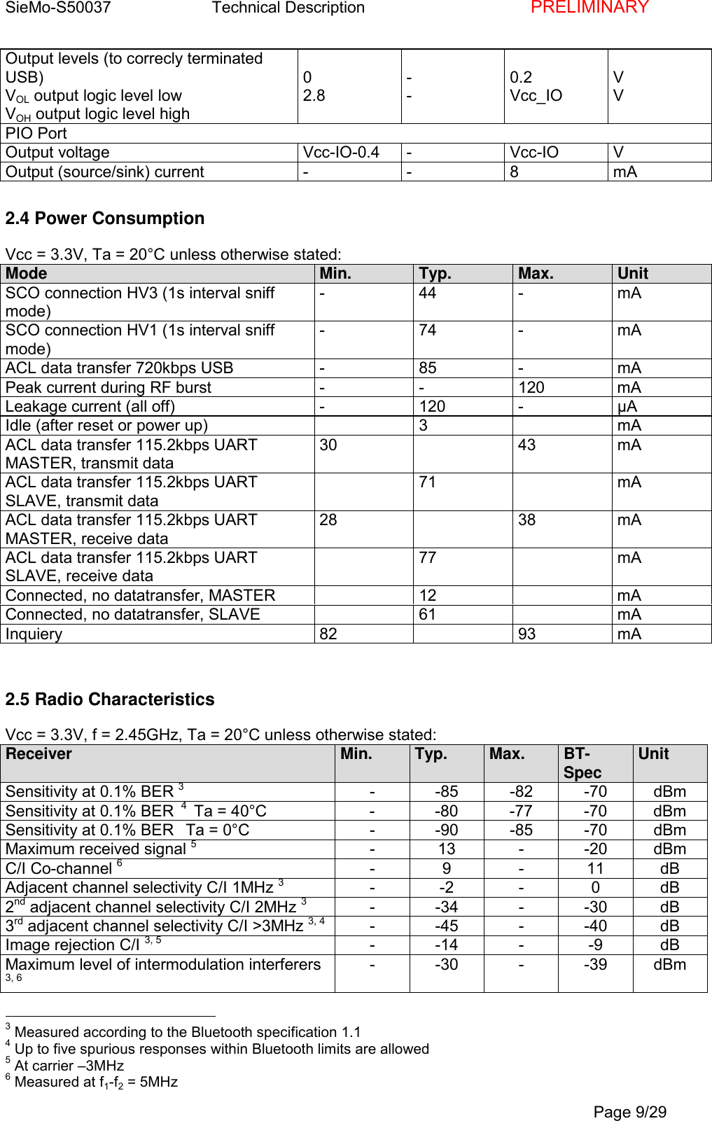 SieMo-S50037       Technical Description    PRELIMINARYPage 9/29Output levels (to correcly terminatedUSB)VOL output logic level lowVOH output logic level high02.8--0.2Vcc_IOVVPIO PortOutput voltage Vcc-IO-0.4 - Vcc-IO VOutput (source/sink) current - - 8 mA2.4 Power ConsumptionVcc = 3.3V, Ta = 20&deg;C unless otherwise stated:Mode Min. Typ. Max. UnitSCO connection HV3 (1s interval sniffmode)-44-mASCO connection HV1 (1s interval sniffmode)-74-mAACL data transfer 720kbps USB - 85 - mAPeak current during RF burst - - 120 mALeakage current (all off) - 120 - &micro;AIdle (after reset or power up) 3 mAACL data transfer 115.2kbps UARTMASTER, transmit data30 43 mAACL data transfer 115.2kbps UARTSLAVE, transmit data71 mAACL data transfer 115.2kbps UARTMASTER, receive data28 38 mAACL data transfer 115.2kbps UARTSLAVE, receive data77 mAConnected, no datatransfer, MASTER 12 mAConnected, no datatransfer, SLAVE 61 mAInquiery 82 93 mA2.5 Radio CharacteristicsVcc = 3.3V, f = 2.45GHz, Ta = 20&deg;C unless otherwise stated:Receiver Min. Typ. Max. BT-Spec UnitSensitivity at 0.1% BER 3- -85 -82 -70 dBmSensitivity at 0.1% BER  4  Ta = 40&deg;C - -80 -77 -70 dBmSensitivity at 0.1% BER   Ta = 0&deg;C - -90 -85 -70 dBmMaximum received signal 5-13--20dBmC/I Co-channel 6-9-11dBAdjacent channel selectivity C/I 1MHz 3--2- 0dB2nd adjacent channel selectivity C/I 2MHz 3- -34 - -30 dB3rd adjacent channel selectivity C/I >3MHz 3, 4 - -45 - -40 dBImage rejection C/I 3, 5 --14- -9dBMaximum level of intermodulation interferers3, 6- -30 - -39 dBm                                                3 Measured according to the Bluetooth specification 1.14 Up to five spurious responses within Bluetooth limits are allowed5 At carrier &ndash;3MHz6 Measured at f1-f2 = 5MHz