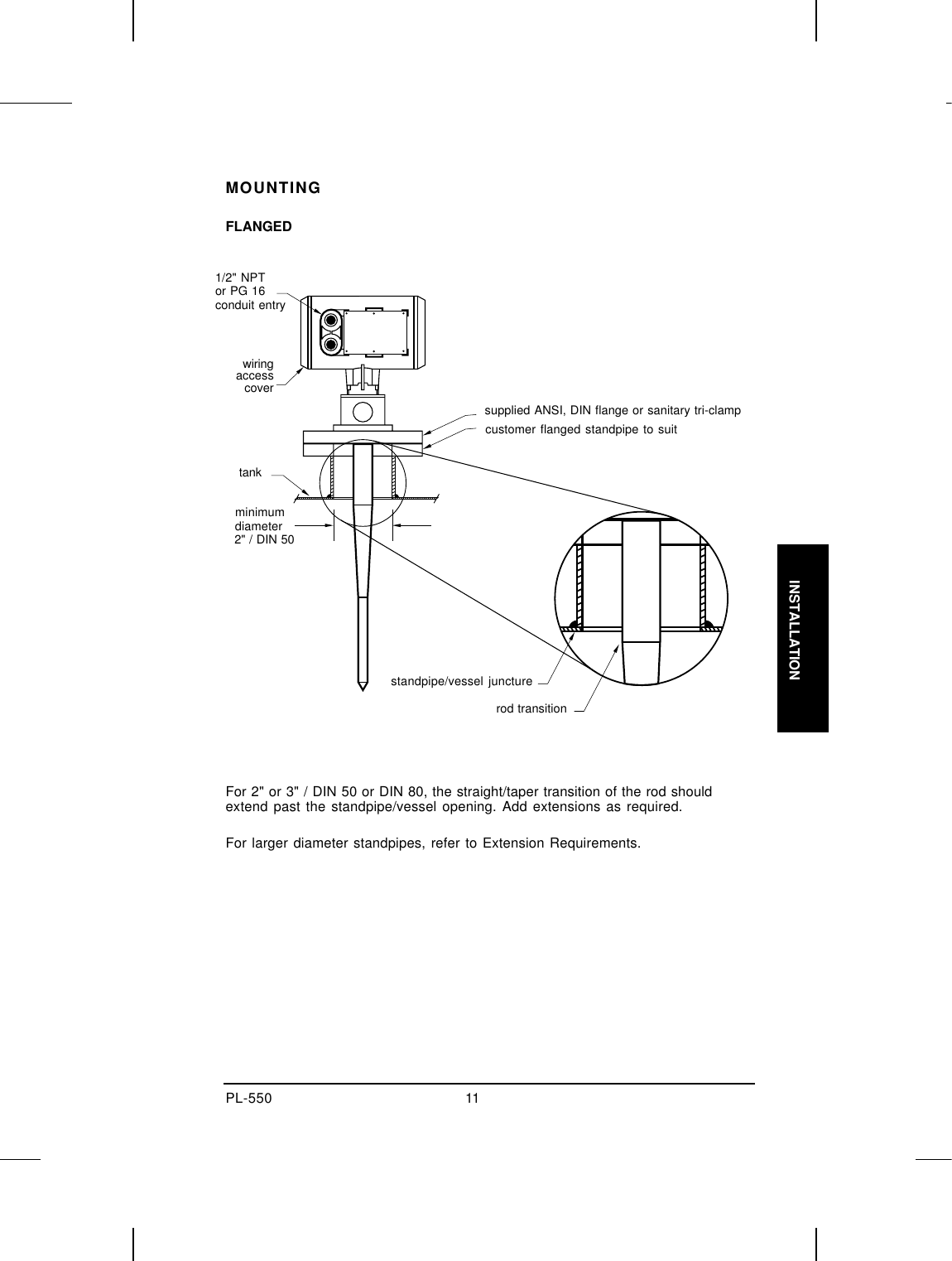 _PL-550 11 INSTALLATION _MOUNTINGFLANGED      For 2&quot; or 3&quot; / DIN 50 or DIN 80, the straight/taper transition of the rod shouldextend past the standpipe/vessel opening. Add extensions as required.For larger diameter standpipes, refer to Extension Requirements.1/2&quot; NPTor PG 16conduit entrywiringaccesscover supplied ANSI, DIN flange or sanitary tri-clamp customer flanged standpipe to suit tank minimum  diameter 2&quot; / DIN 50rod transitionstandpipe/vessel juncture