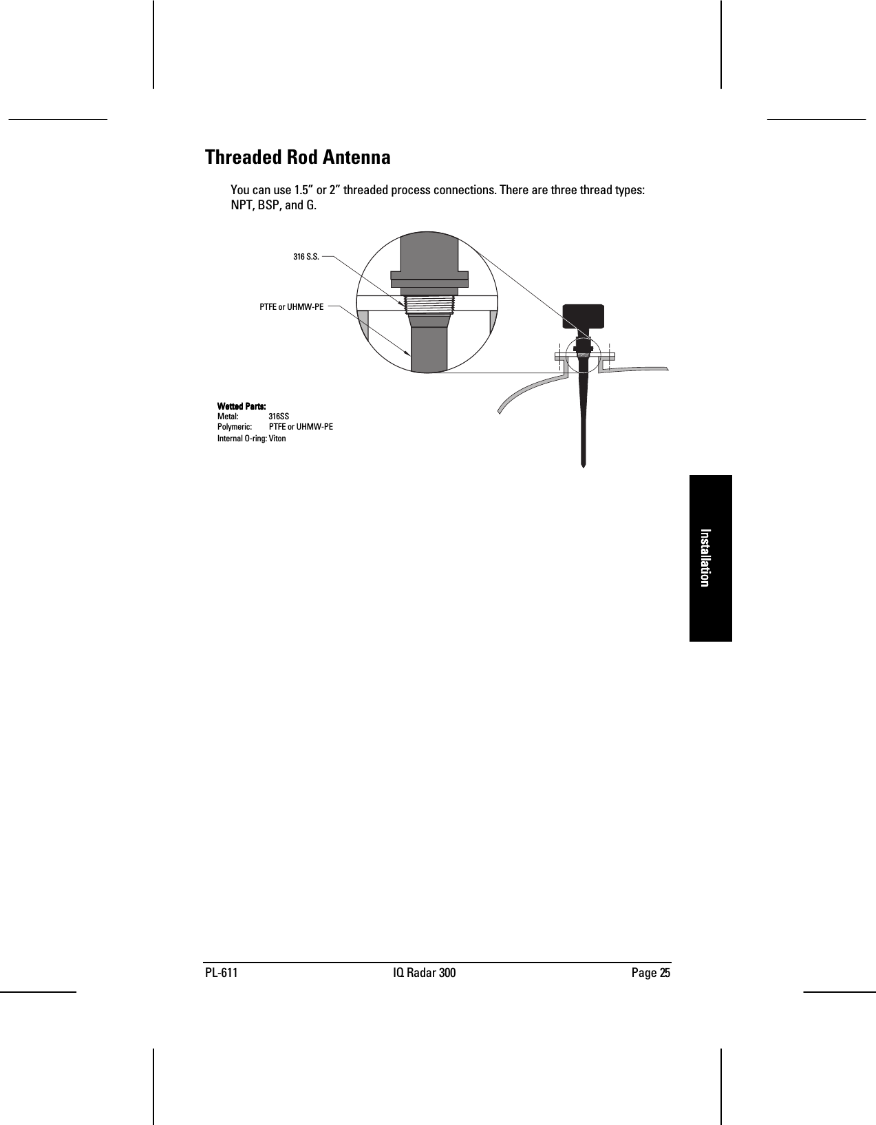 PL-611 IQ Radar 300 Page 25InstallationInstallationInstallationInstallationThreaded Rod AntennaYou can use 1.5” or 2” threaded process connections. There are three thread types:NPT, BSP, and G.Wetted Parts:Wetted Parts:Wetted Parts:Wetted Parts:Metal: 316SSPolymeric:  PTFE or UHMW-PEInternal O-ring: Viton316 S.S.PTFE or UHMW-PE