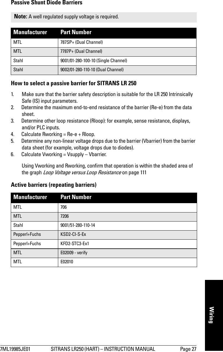 7ML19985JE01 SITRANS LR250 (HART) – INSTRUCTION MANUAL  Page 27mmmmmWiringPassive Shunt Diode Barriers How to select a passive barrier for SITRANS LR 2501. Make sure that the barrier safety description is suitable for the LR 250 Intrinsically Safe (IS) input parameters.2. Determine the maximum end-to-end resistance of the barrier (Re-e) from the data sheet.3. Determine other loop resistance (Rloop): for example, sense resistance, displays, and/or PLC inputs. 4. Calculate Rworking = Re-e + Rloop.5. Determine any non-linear voltage drops due to the barrier (Vbarrier) from the barrier data sheet (for example, voltage drops due to diodes). 6. Calculate Vworking = Vsupply – Vbarrier.Using Vworking and Rworking, confirm that operation is within the shaded area of the graph Loop Voltage versus Loop Resistance on page 111Active barriers (repeating barriers)Note: A well regulated supply voltage is required.Manufacturer Part NumberMTL 787SP+ (Dual Channel)MTL 7787P+ (Dual Channel)Stahl 9001/01-280-100-10 (Single Channel)Stahl 9002/01-280-110-10 (Dual Channel)Manufacturer Part NumberMTL 706MTL 7206Stahl 9001/51-280-110-14Pepperl+Fuchs KSD2-CI-S-ExPepperl+Fuchs KFD2-STC3-Ex1MTL E02009 - verifyMTL E02010