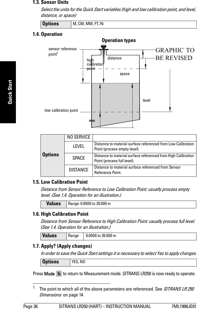 Page 36 SITRANS LR250 (HART) – INSTRUCTION MANUAL  7ML1998JE01mmmmmQuick Start1.3. Sensor UnitsSelect the units for the Quick Start variables (high and low calibration point, and level, distance, or space)1.4. Operation 11.5. Low Calibration PointDistance from Sensor Reference to Low Calibration Point: usually process empty level. (See 1.4. Operation for an illustration.)1.6. High Calibration PointDistance from Sensor Reference to High Calibration Point: usually process full level. (See 1.4. Operation for an illustration.)1.7. Apply? (Apply changes)In order to save the Quick Start settings it is necessary to select Yes to apply changes.Press Mode   to return to Measurement mode. SITRANS LR250 is now ready to operate.Options M, CM, MM, FT, INOptionsNO SERVICELEVEL Distance to material surface referenced from Low Calibration Point (process empty level).SPACE Distance to material surface referenced from High Calibration Point (process full level).DISTANCE Distance to material surface referenced from Sensor Reference Point.1. The point to which all of the above parameters are referenced. See SITRANS LR 250 Dimensions  on page 14. Values Range: 0.0000 to 20.000 mValues Range  0.0000 to 20.000 mOptions YES, NOhigh calibration pointlow calibration pointlevelspacedistancesensor reference point1 Operation typesGRAPHIC TOBE REVISED