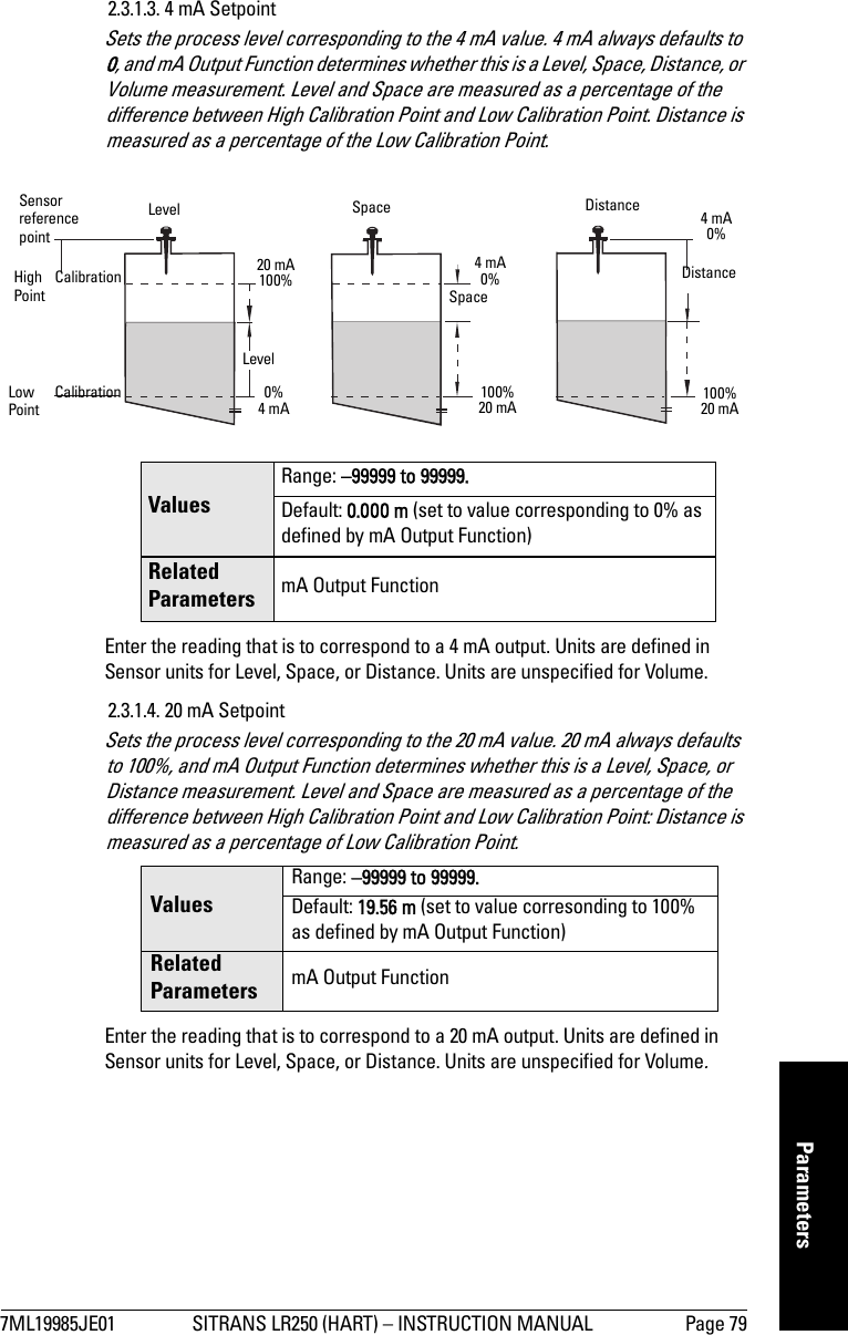 7ML19985JE01 SITRANS LR250 (HART) – INSTRUCTION MANUAL Page 79mmmmmParameters2.3.1.3. 4 mA SetpointSets the process level corresponding to the 4 mA value. 4 mA always defaults to 0, and mA Output Function determines whether this is a Level, Space, Distance, or Volume measurement. Level and Space are measured as a percentage of the difference between High Calibration Point and Low Calibration Point. Distance is measured as a percentage of the Low Calibration Point.Enter the reading that is to correspond to a 4 mA output. Units are defined in Sensor units for Level, Space, or Distance. Units are unspecified for Volume.2.3.1.4. 20 mA SetpointSets the process level corresponding to the 20 mA value. 20 mA always defaults to 100%, and mA Output Function determines whether this is a Level, Space, or Distance measurement. Level and Space are measured as a percentage of the difference between High Calibration Point and Low Calibration Point: Distance is measured as a percentage of Low Calibration Point.Enter the reading that is to correspond to a 20 mA output. Units are defined in Sensor units for Level, Space, or Distance. Units are unspecified for Volume.ValuesRange: –99999 to 99999. Default: 0.000 m (set to value corresponding to 0% as defined by mA Output Function)Related Parameters mA Output FunctionValuesRange: –99999 to 99999. Default: 19.56 m (set to value corresonding to 100% as defined by mA Output Function)Related Parameters mA Output FunctionLevel Space DistanceDistanceSpaceLevel20 mA100%0%4 mAHigh CalibrationPoint4 mA0%100% 20 mA4 mA0%100% 20 mASensorreferencepointLow CalibrationPoint