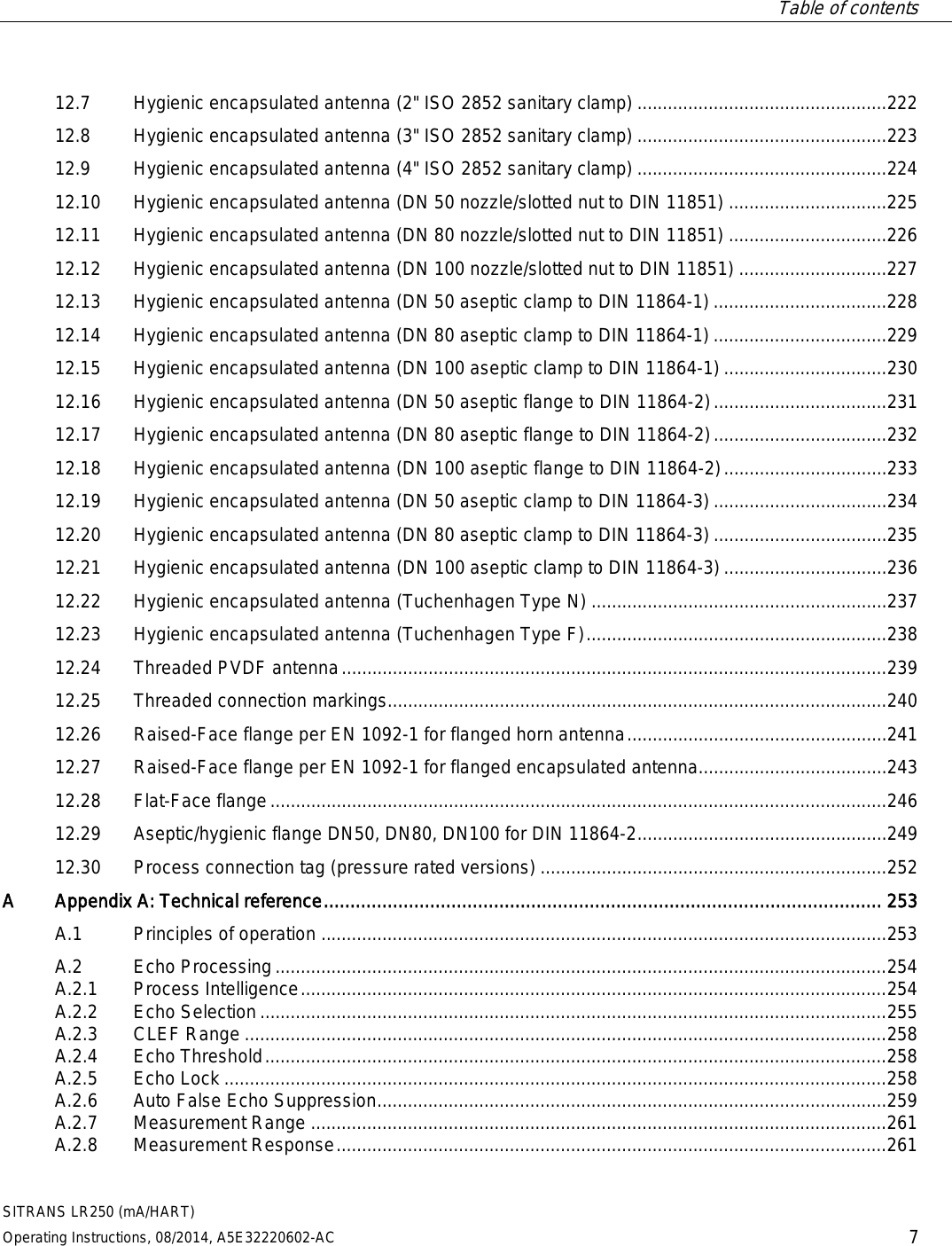  Table of contents   SITRANS LR250 (mA/HART) Operating Instructions, 08/2014, A5E32220602-AC 7 12.7 Hygienic encapsulated antenna (2&quot; ISO 2852 sanitary clamp) ................................................. 222 12.8 Hygienic encapsulated antenna (3&quot; ISO 2852 sanitary clamp) ................................................. 223 12.9 Hygienic encapsulated antenna (4&quot; ISO 2852 sanitary clamp) ................................................. 224 12.10 Hygienic encapsulated antenna (DN 50 nozzle/slotted nut to DIN 11851) ............................... 225 12.11 Hygienic encapsulated antenna (DN 80 nozzle/slotted nut to DIN 11851) ............................... 226 12.12 Hygienic encapsulated antenna (DN 100 nozzle/slotted nut to DIN 11851) ............................. 227 12.13 Hygienic encapsulated antenna (DN 50 aseptic clamp to DIN 11864-1) .................................. 228 12.14 Hygienic encapsulated antenna (DN 80 aseptic clamp to DIN 11864-1) .................................. 229 12.15 Hygienic encapsulated antenna (DN 100 aseptic clamp to DIN 11864-1) ................................ 230 12.16 Hygienic encapsulated antenna (DN 50 aseptic flange to DIN 11864-2) .................................. 231 12.17 Hygienic encapsulated antenna (DN 80 aseptic flange to DIN 11864-2) .................................. 232 12.18 Hygienic encapsulated antenna (DN 100 aseptic flange to DIN 11864-2) ................................ 233 12.19 Hygienic encapsulated antenna (DN 50 aseptic clamp to DIN 11864-3) .................................. 234 12.20 Hygienic encapsulated antenna (DN 80 aseptic clamp to DIN 11864-3) .................................. 235 12.21 Hygienic encapsulated antenna (DN 100 aseptic clamp to DIN 11864-3) ................................ 236 12.22 Hygienic encapsulated antenna (Tuchenhagen Type N) .......................................................... 237 12.23 Hygienic encapsulated antenna (Tuchenhagen Type F) ........................................................... 238 12.24 Threaded PVDF antenna ........................................................................................................... 239 12.25 Threaded connection markings .................................................................................................. 240 12.26 Raised-Face flange per EN 1092-1 for flanged horn antenna ................................................... 241 12.27 Raised-Face flange per EN 1092-1 for flanged encapsulated antenna..................................... 243 12.28 Flat-Face flange ......................................................................................................................... 246 12.29 Aseptic/hygienic flange DN50, DN80, DN100 for DIN 11864-2 ................................................. 249 12.30 Process connection tag (pressure rated versions) .................................................................... 252 A  Appendix A: Technical reference ......................................................................................................... 253 A.1 Principles of operation ............................................................................................................... 253 A.2 Echo Processing ........................................................................................................................ 254 A.2.1  Process Intelligence ................................................................................................................... 254 A.2.2 Echo Selection ........................................................................................................................... 255 A.2.3 CLEF Range .............................................................................................................................. 258 A.2.4 Echo Threshold .......................................................................................................................... 258 A.2.5 Echo Lock .................................................................................................................................. 258 A.2.6 Auto False Echo Suppression .................................................................................................... 259 A.2.7 Measurement Range ................................................................................................................. 261 A.2.8 Measurement Response ............................................................................................................ 261 