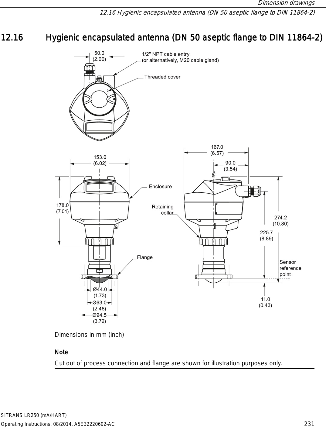  Dimension drawings  12.16 Hygienic encapsulated antenna (DN 50 aseptic flange to DIN 11864-2) SITRANS LR250 (mA/HART) Operating Instructions, 08/2014, A5E32220602-AC 231 12.16 Hygienic encapsulated antenna (DN 50 aseptic flange to DIN 11864-2)  Dimensions in mm (inch)   Note Cut out of process connection and flange are shown for illustration purposes only.   