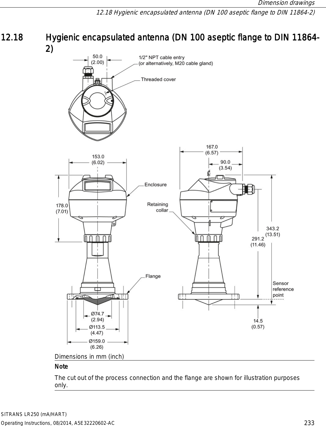  Dimension drawings  12.18 Hygienic encapsulated antenna (DN 100 aseptic flange to DIN 11864-2) SITRANS LR250 (mA/HART) Operating Instructions, 08/2014, A5E32220602-AC 233 12.18 Hygienic encapsulated antenna (DN 100 aseptic flange to DIN 11864-2)  Dimensions in mm (inch)  Note The cut out of the process connection and the flange are shown for illustration purposes only.  