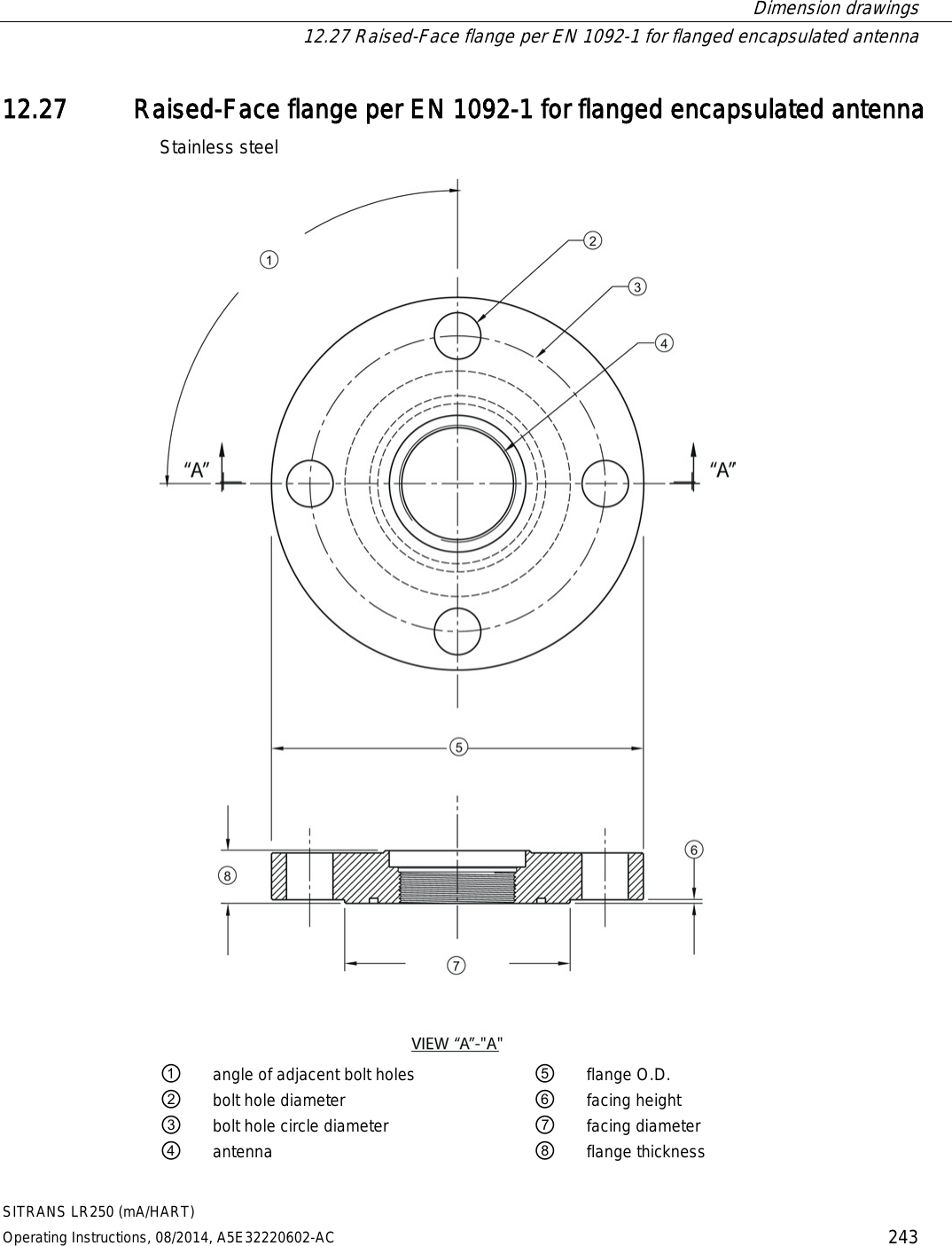  Dimension drawings  12.27 Raised-Face flange per EN 1092-1 for flanged encapsulated antenna SITRANS LR250 (mA/HART) Operating Instructions, 08/2014, A5E32220602-AC 243 12.27 Raised-Face flange per EN 1092-1 for flanged encapsulated antenna Stainless steel  ① angle of adjacent bolt holes ⑤ flange O.D. ② bolt hole diameter ⑥ facing height ③ bolt hole circle diameter ⑦ facing diameter ④ antenna ⑧ flange thickness 