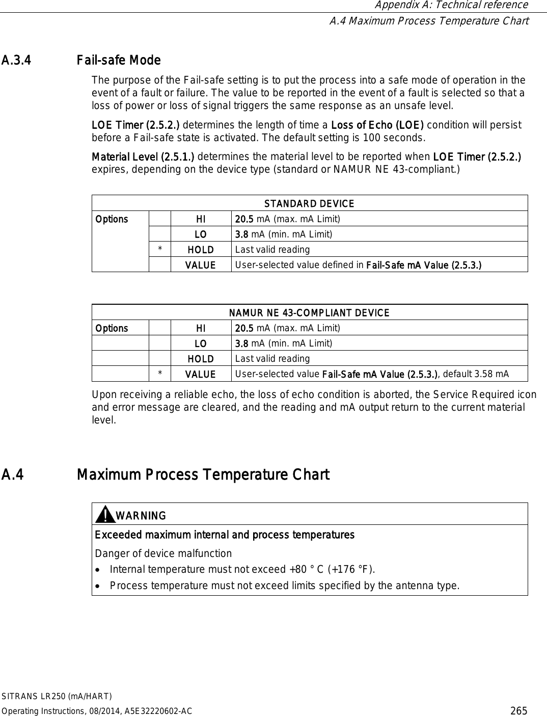  Appendix A: Technical reference  A.4 Maximum Process Temperature Chart SITRANS LR250 (mA/HART) Operating Instructions, 08/2014, A5E32220602-AC 265 A.3.4 Fail-safe Mode The purpose of the Fail-safe setting is to put the process into a safe mode of operation in the event of a fault or failure. The value to be reported in the event of a fault is selected so that a loss of power or loss of signal triggers the same response as an unsafe level. LOE Timer (2.5.2.) determines the length of time a Loss of Echo (LOE) condition will persist before a Fail-safe state is activated. The default setting is 100 seconds. Material Level (2.5.1.) determines the material level to be reported when LOE Timer (2.5.2.) expires, depending on the device type (standard or NAMUR NE 43-compliant.)  STANDARD DEVICE Options  HI 20.5 mA (max. mA Limit)  LO 3.8 mA (min. mA Limit) * HOLD Last valid reading  VALUE User-selected value defined in Fail-Safe mA Value (2.5.3.)   NAMUR NE 43-COMPLIANT DEVICE Options  HI 20.5 mA (max. mA Limit)   LO 3.8 mA (min. mA Limit)   HOLD Last valid reading  * VALUE User-selected value Fail-Safe mA Value (2.5.3.), default 3.58 mA Upon receiving a reliable echo, the loss of echo condition is aborted, the Service Required icon and error message are cleared, and the reading and mA output return to the current material level. A.4 Maximum Process Temperature Chart   WARNING Exceeded maximum internal and process temperatures Danger of device malfunction • Internal temperature must not exceed +80 ° C (+176 °F). • Process temperature must not exceed limits specified by the antenna type.  