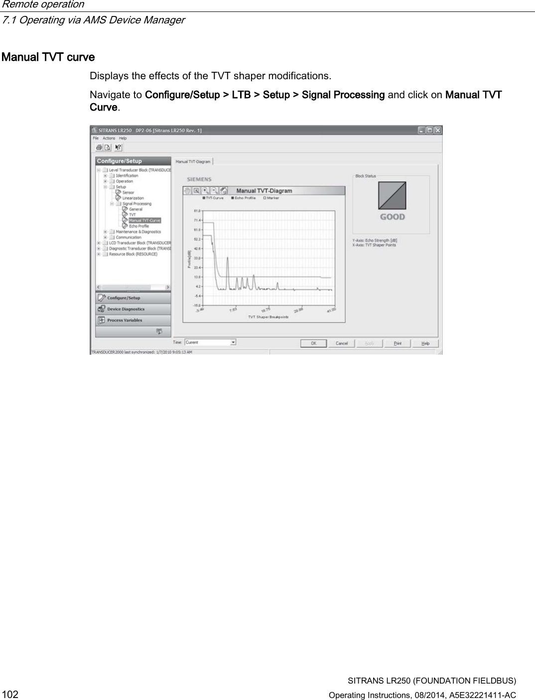 Remote operation   7.1 Operating via AMS Device Manager  SITRANS LR250 (FOUNDATION FIELDBUS) 102 Operating Instructions, 08/2014, A5E32221411-AC Manual TVT curve Displays the effects of the TVT shaper modifications. Navigate to Configure/Setup &gt; LTB &gt; Setup &gt; Signal Processing and click on Manual TVT Curve.  