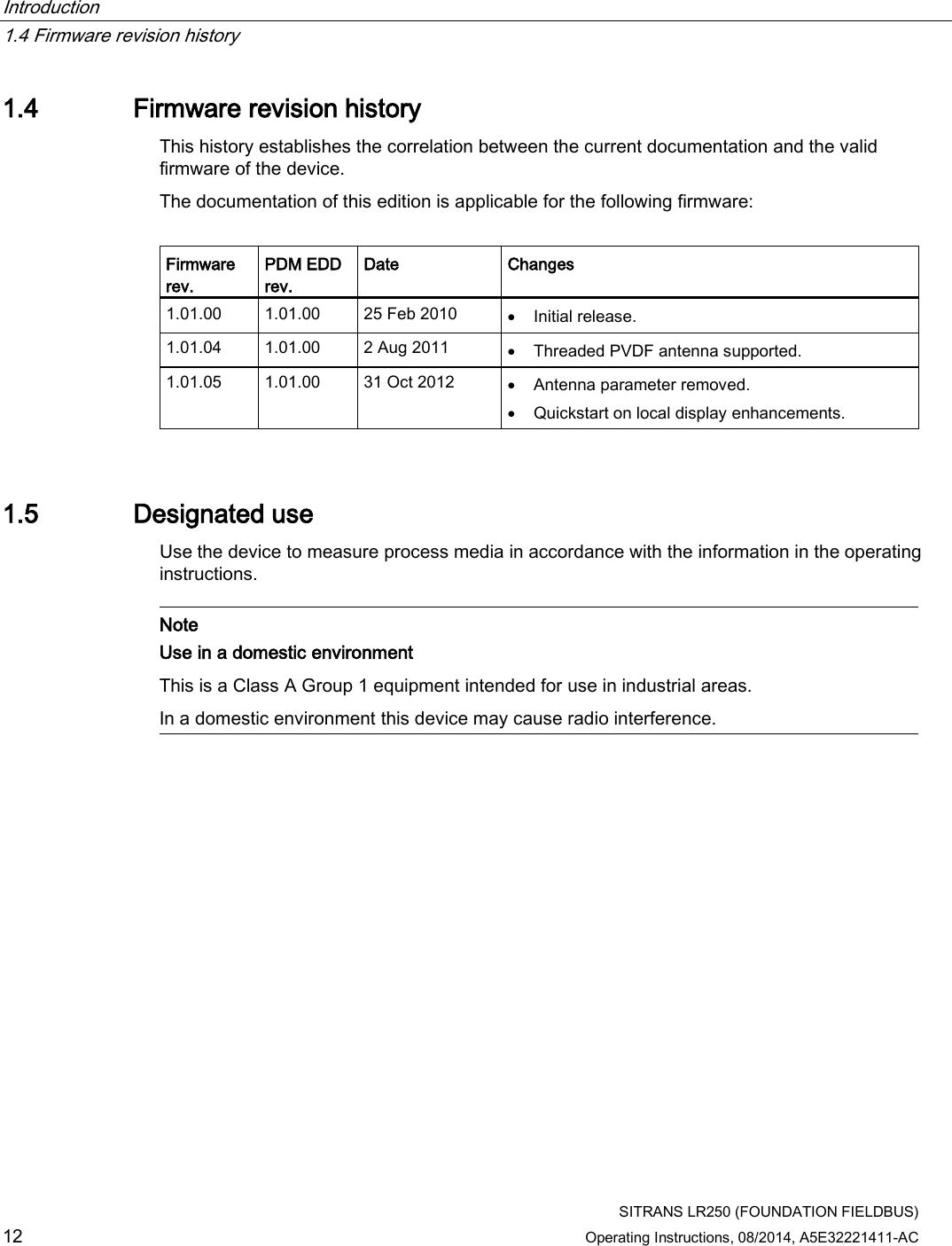 Introduction   1.4 Firmware revision history  SITRANS LR250 (FOUNDATION FIELDBUS) 12 Operating Instructions, 08/2014, A5E32221411-AC 1.4 Firmware revision history This history establishes the correlation between the current documentation and the valid firmware of the device. The documentation of this edition is applicable for the following firmware:   Firmware rev. PDM EDD rev. Date Changes 1.01.00 1.01.00 25 Feb 2010 • Initial release. 1.01.04 1.01.00 2 Aug 2011 • Threaded PVDF antenna supported. 1.01.05 1.01.00 31 Oct 2012 • Antenna parameter removed. • Quickstart on local display enhancements. 1.5 Designated use Use the device to measure process media in accordance with the information in the operating instructions.   Note Use in a domestic environment This is a Class A Group 1 equipment intended for use in industrial areas.  In a domestic environment this device may cause radio interference.  