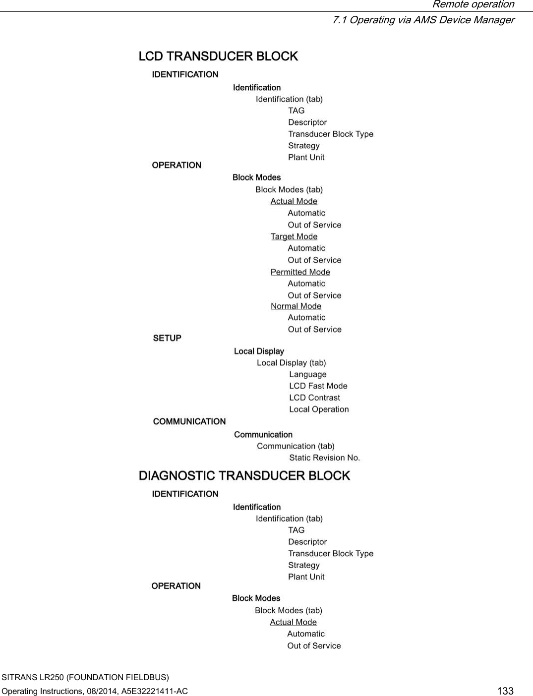  Remote operation  7.1 Operating via AMS Device Manager SITRANS LR250 (FOUNDATION FIELDBUS) Operating Instructions, 08/2014, A5E32221411-AC 133  
