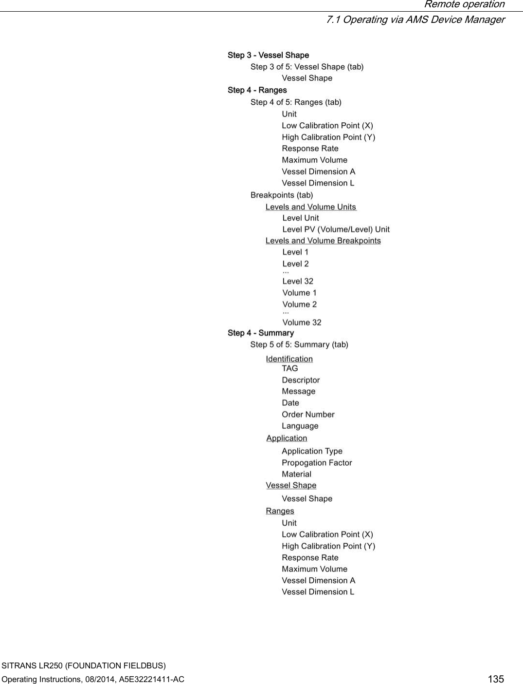  Remote operation  7.1 Operating via AMS Device Manager SITRANS LR250 (FOUNDATION FIELDBUS) Operating Instructions, 08/2014, A5E32221411-AC 135  