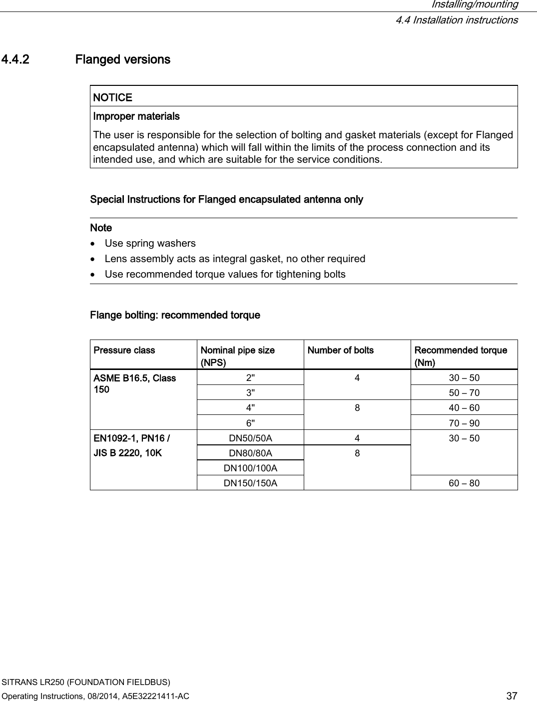  Installing/mounting  4.4 Installation instructions SITRANS LR250 (FOUNDATION FIELDBUS) Operating Instructions, 08/2014, A5E32221411-AC 37 4.4.2 Flanged versions   NOTICE Improper materials The user is responsible for the selection of bolting and gasket materials (except for Flanged encapsulated antenna) which will fall within the limits of the process connection and its intended use, and which are suitable for the service conditions.  Special Instructions for Flanged encapsulated antenna only    Note • Use spring washers • Lens assembly acts as integral gasket, no other required • Use recommended torque values for tightening bolts  Flange bolting: recommended torque  Pressure class Nominal pipe size (NPS) Number of bolts Recommended torque (Nm) ASME B16.5, Class 150 2&quot;  4  30 – 50 3&quot; 50 – 70 4&quot;  8  40 – 60 6&quot; 70 – 90 EN1092-1, PN16 /  JIS B 2220, 10K DN50/50A  4  30 – 50 DN80/80A  8 DN100/100A DN150/150A 60 – 80 