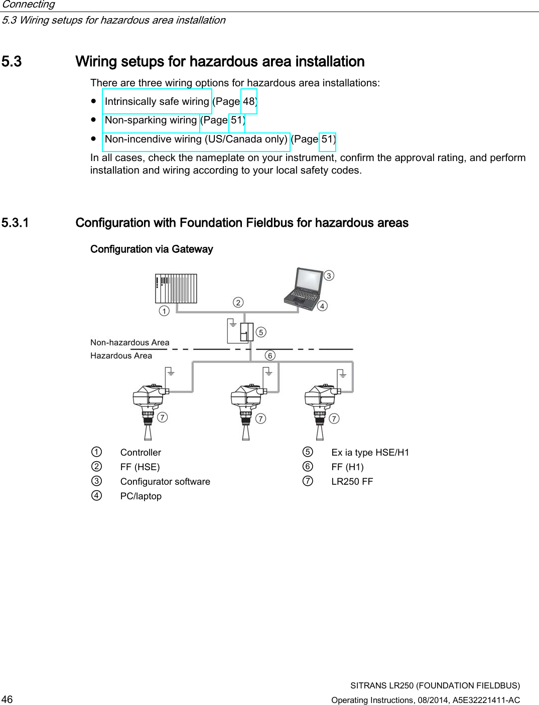 Connecting   5.3 Wiring setups for hazardous area installation  SITRANS LR250 (FOUNDATION FIELDBUS) 46 Operating Instructions, 08/2014, A5E32221411-AC 5.3 Wiring setups for hazardous area installation There are three wiring options for hazardous area installations: ● Intrinsically safe wiring (Page 48) ● Non-sparking wiring (Page 51) ● Non-incendive wiring (US/Canada only) (Page 51) In all cases, check the nameplate on your instrument, confirm the approval rating, and perform installation and wiring according to your local safety codes.  5.3.1 Configuration with Foundation Fieldbus for hazardous areas Configuration via Gateway  ① Controller ⑤ Ex ia type HSE/H1 ② FF (HSE) ⑥ FF (H1) ③ Configurator software ⑦ LR250 FF ④ PC/laptop   