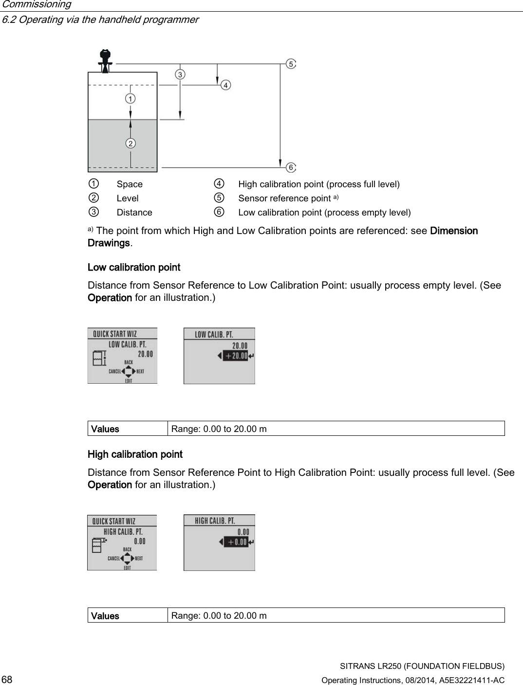 Commissioning   6.2 Operating via the handheld programmer  SITRANS LR250 (FOUNDATION FIELDBUS) 68 Operating Instructions, 08/2014, A5E32221411-AC  ① Space ④ High calibration point (process full level) ② Level ⑤ Sensor reference point a) ③ Distance ⑥ Low calibration point (process empty level) a) The point from which High and Low Calibration points are referenced: see Dimension Drawings. Low calibration point Distance from Sensor Reference to Low Calibration Point: usually process empty level. (See Operation for an illustration.)      Values Range: 0.00 to 20.00 m High calibration point Distance from Sensor Reference Point to High Calibration Point: usually process full level. (See Operation for an illustration.)      Values Range: 0.00 to 20.00 m 