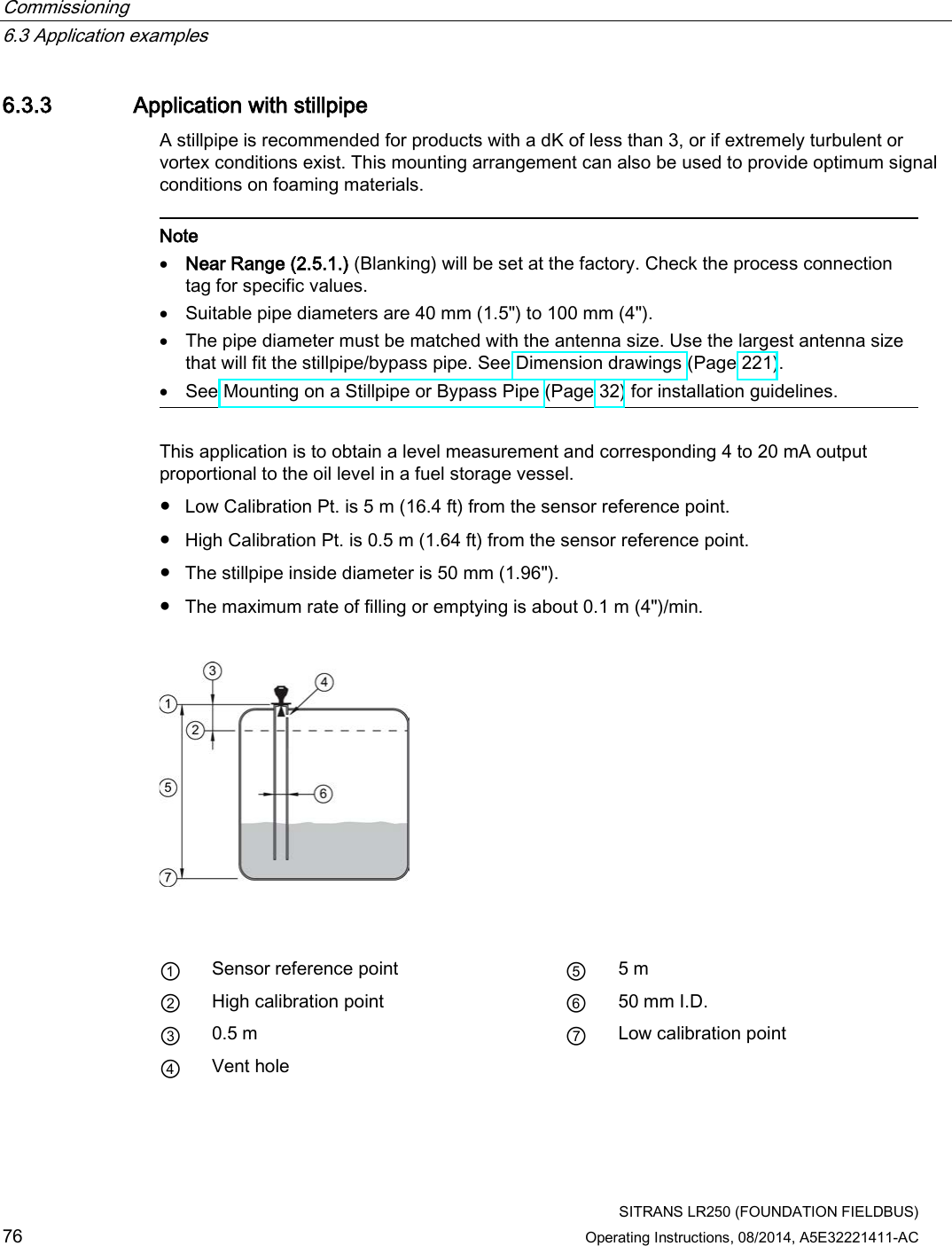 Commissioning   6.3 Application examples  SITRANS LR250 (FOUNDATION FIELDBUS) 76 Operating Instructions, 08/2014, A5E32221411-AC 6.3.3 Application with stillpipe A stillpipe is recommended for products with a dK of less than 3, or if extremely turbulent or vortex conditions exist. This mounting arrangement can also be used to provide optimum signal conditions on foaming materials.   Note • Near Range (2.5.1.) (Blanking) will be set at the factory. Check the process connection tag for specific values. • Suitable pipe diameters are 40 mm (1.5&quot;) to 100 mm (4&quot;). • The pipe diameter must be matched with the antenna size. Use the largest antenna size that will fit the stillpipe/bypass pipe. See Dimension drawings (Page 221). • See Mounting on a Stillpipe or Bypass Pipe (Page 32) for installation guidelines.  This application is to obtain a level measurement and corresponding 4 to 20 mA output proportional to the oil level in a fuel storage vessel. ● Low Calibration Pt. is 5 m (16.4 ft) from the sensor reference point. ● High Calibration Pt. is 0.5 m (1.64 ft) from the sensor reference point. ● The stillpipe inside diameter is 50 mm (1.96&quot;). ● The maximum rate of filling or emptying is about 0.1 m (4&quot;)/min.      ① Sensor reference point ⑤ 5 m ② High calibration point ⑥ 50 mm I.D. ③ 0.5 m ⑦ Low calibration point ④ Vent hole  