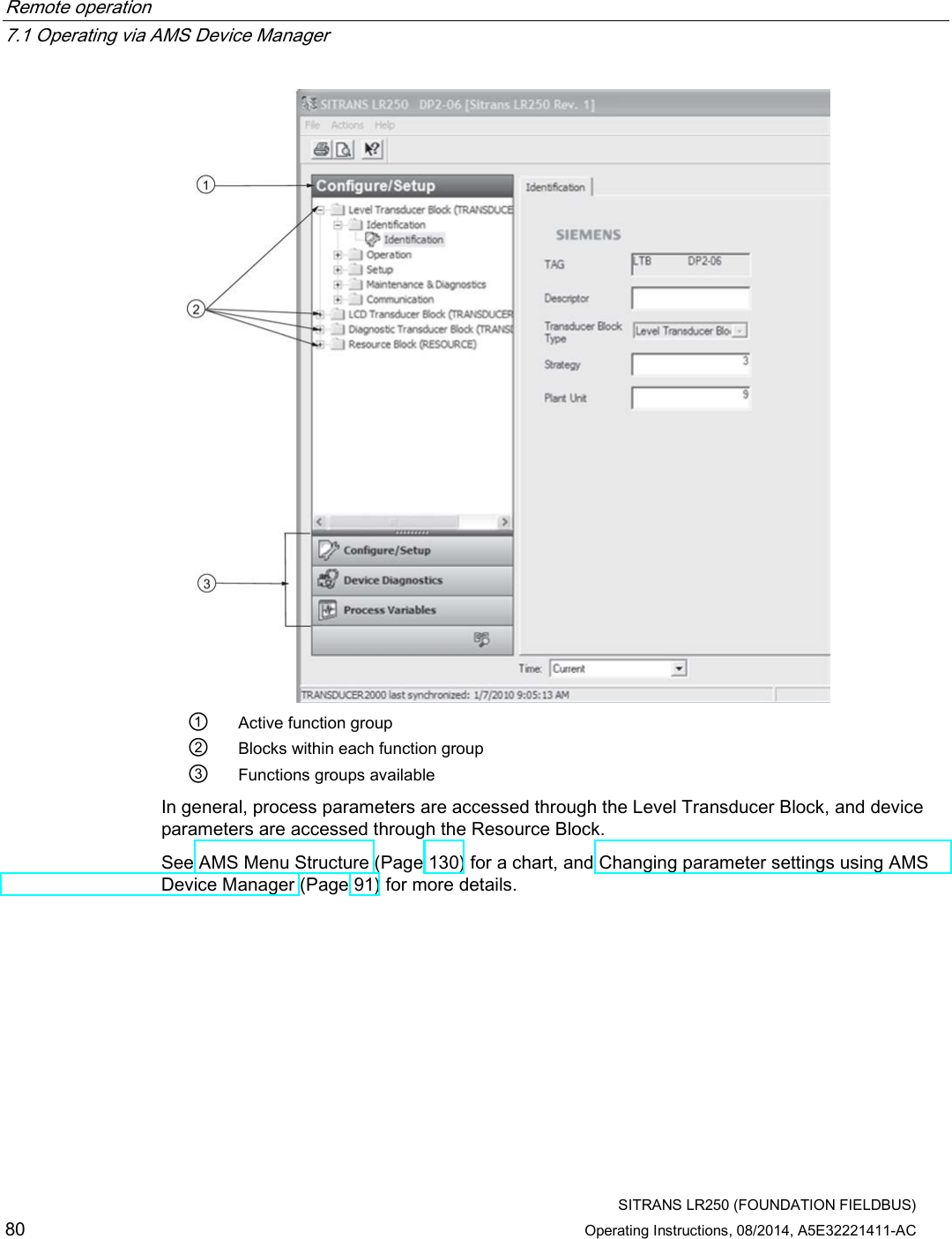 Remote operation   7.1 Operating via AMS Device Manager  SITRANS LR250 (FOUNDATION FIELDBUS) 80 Operating Instructions, 08/2014, A5E32221411-AC  ① Active function group ② Blocks within each function group ③ Functions groups available In general, process parameters are accessed through the Level Transducer Block, and device parameters are accessed through the Resource Block. See AMS Menu Structure (Page 130) for a chart, and Changing parameter settings using AMS Device Manager (Page 91) for more details. 