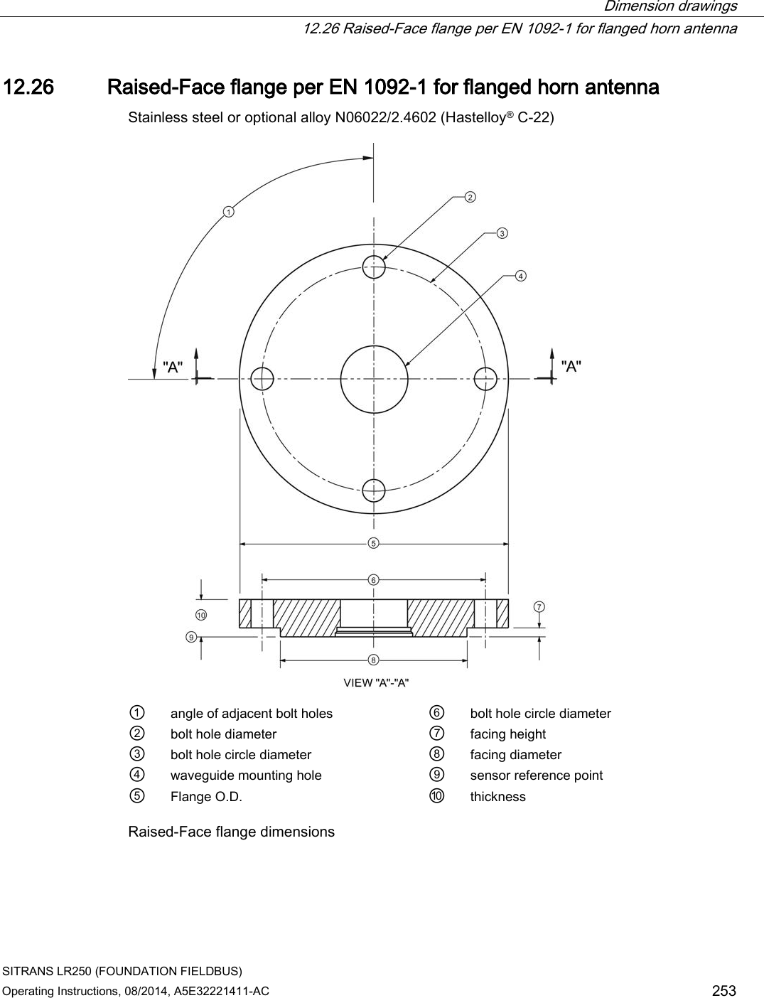  Dimension drawings  12.26 Raised-Face flange per EN 1092-1 for flanged horn antenna SITRANS LR250 (FOUNDATION FIELDBUS) Operating Instructions, 08/2014, A5E32221411-AC 253 12.26 Raised-Face flange per EN 1092-1 for flanged horn antenna Stainless steel or optional alloy N06022/2.4602 (Hastelloy® C-22)  ① angle of adjacent bolt holes ⑥ bolt hole circle diameter ② bolt hole diameter ⑦ facing height ③ bolt hole circle diameter ⑧ facing diameter ④ waveguide mounting hole ⑨ sensor reference point ⑤ Flange O.D. ⑩ thickness Raised-Face flange dimensions 