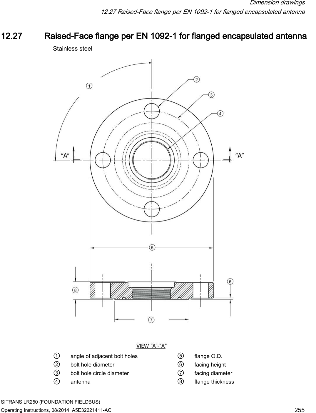  Dimension drawings  12.27 Raised-Face flange per EN 1092-1 for flanged encapsulated antenna SITRANS LR250 (FOUNDATION FIELDBUS) Operating Instructions, 08/2014, A5E32221411-AC 255 12.27 Raised-Face flange per EN 1092-1 for flanged encapsulated antenna Stainless steel  ① angle of adjacent bolt holes ⑤ flange O.D. ② bolt hole diameter ⑥ facing height ③ bolt hole circle diameter ⑦ facing diameter ④ antenna ⑧ flange thickness 