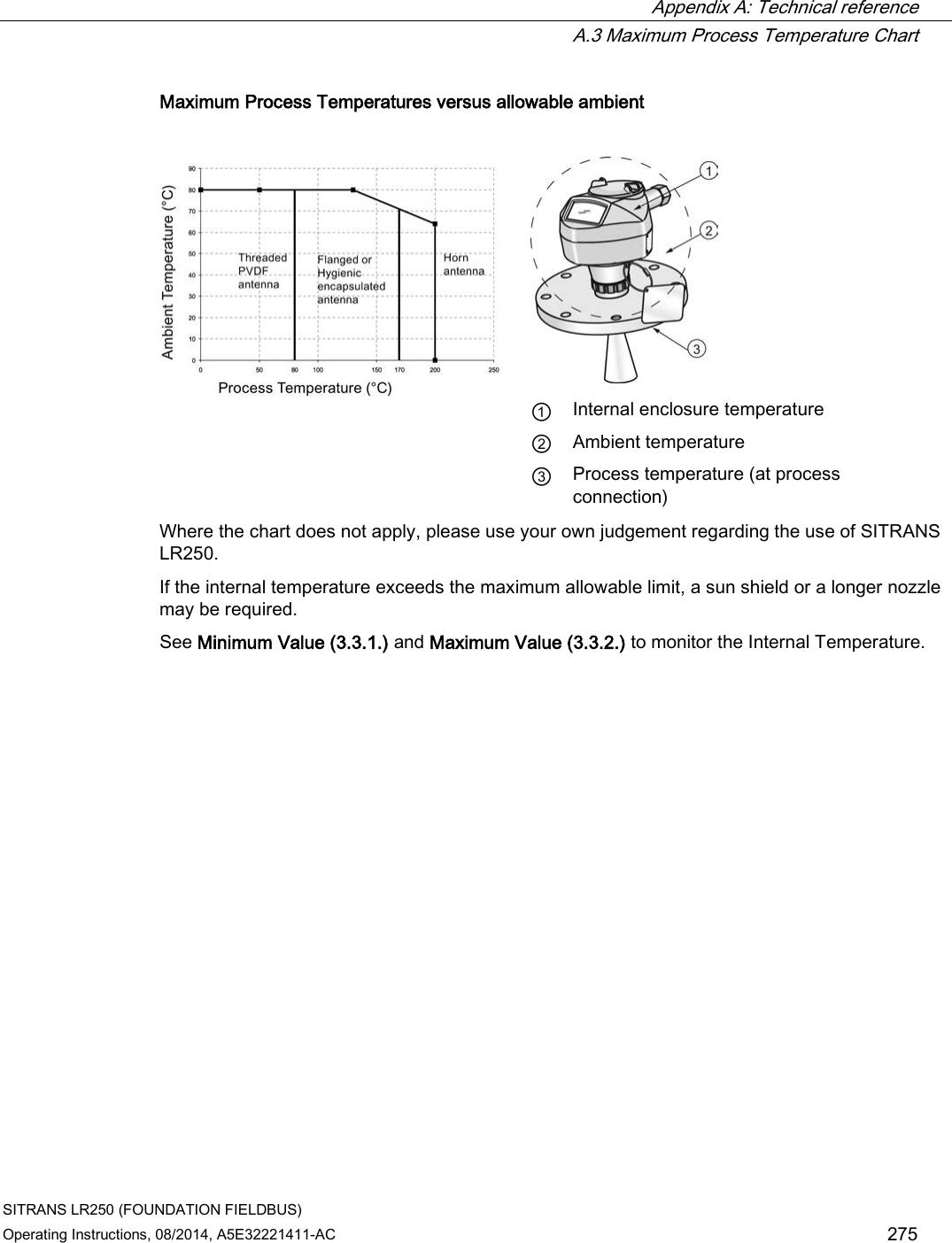  Appendix A: Technical reference  A.3 Maximum Process Temperature Chart SITRANS LR250 (FOUNDATION FIELDBUS) Operating Instructions, 08/2014, A5E32221411-AC 275 Maximum Process Temperatures versus allowable ambient    ① Internal enclosure temperature ② Ambient temperature ③ Process temperature (at process connection) Where the chart does not apply, please use your own judgement regarding the use of SITRANS LR250. If the internal temperature exceeds the maximum allowable limit, a sun shield or a longer nozzle may be required. See Minimum Value (3.3.1.) and Maximum Value (3.3.2.) to monitor the Internal Temperature. 