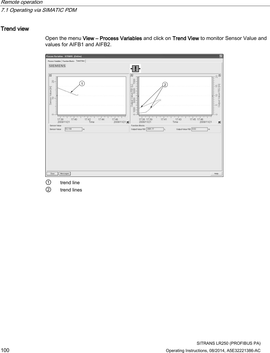 Remote operation   7.1 Operating via SIMATIC PDM  SITRANS LR250 (PROFIBUS PA) 100 Operating Instructions, 08/2014, A5E32221386-AC Trend view Open the menu View – Process Variables and click on Trend View to monitor Sensor Value and values for AIFB1 and AIFB2.  ① trend line ② trend lines 