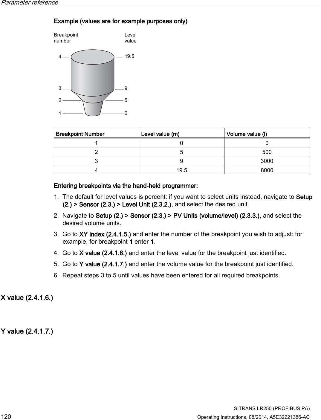 Parameter reference    SITRANS LR250 (PROFIBUS PA) 120 Operating Instructions, 08/2014, A5E32221386-AC Example (values are for example purposes only)   Breakpoint Number Level value (m) Volume value (l) 1  0  0 2  5  500 3  9  3000 4  19.5 8000 Entering breakpoints via the hand-held programmer: 1. The default for level values is percent: if you want to select units instead, navigate to Setup (2.) &gt; Sensor (2.3.) &gt; Level Unit (2.3.2.), and select the desired unit. 2. Navigate to Setup (2.) &gt; Sensor (2.3.) &gt; PV Units (volume/level) (2.3.3.), and select the desired volume units. 3. Go to XY index (2.4.1.5.) and enter the number of the breakpoint you wish to adjust: for example, for breakpoint 1 enter 1. 4. Go to X value (2.4.1.6.) and enter the level value for the breakpoint just identified. 5. Go to Y value (2.4.1.7.) and enter the volume value for the breakpoint just identified. 6. Repeat steps 3 to 5 until values have been entered for all required breakpoints. X value (2.4.1.6.)  Y value (2.4.1.7.)  