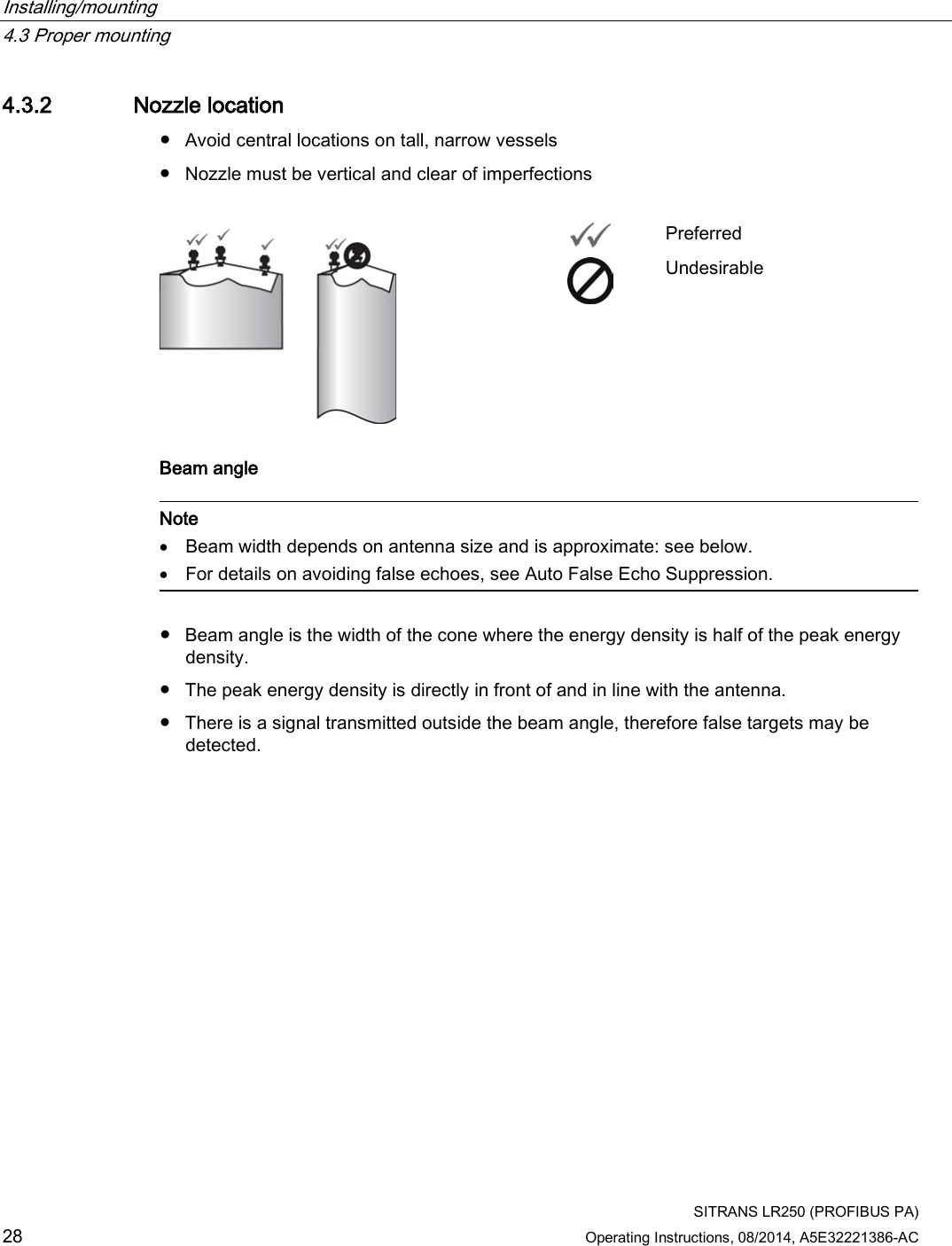 Installing/mounting   4.3 Proper mounting  SITRANS LR250 (PROFIBUS PA) 28 Operating Instructions, 08/2014, A5E32221386-AC 4.3.2 Nozzle location ● Avoid central locations on tall, narrow vessels ● Nozzle must be vertical and clear of imperfections    Preferred  Undesirable Beam angle   Note • Beam width depends on antenna size and is approximate: see below. • For details on avoiding false echoes, see Auto False Echo Suppression.  ● Beam angle is the width of the cone where the energy density is half of the peak energy density. ● The peak energy density is directly in front of and in line with the antenna. ● There is a signal transmitted outside the beam angle, therefore false targets may be detected.  