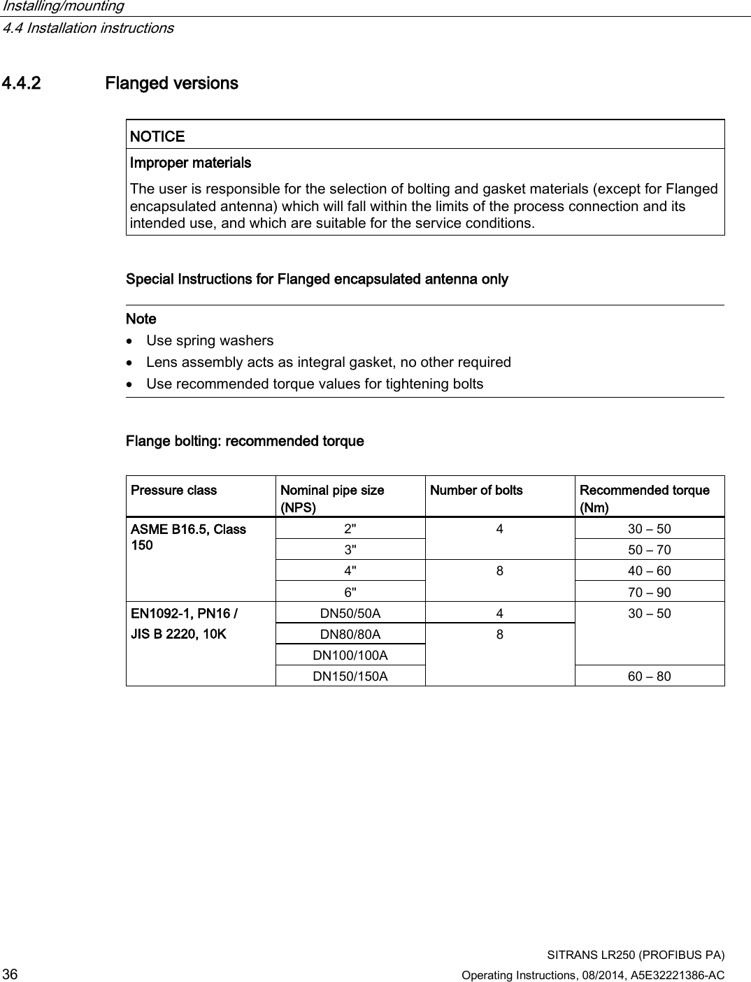 Installing/mounting   4.4 Installation instructions  SITRANS LR250 (PROFIBUS PA) 36 Operating Instructions, 08/2014, A5E32221386-AC 4.4.2 Flanged versions   NOTICE Improper materials The user is responsible for the selection of bolting and gasket materials (except for Flanged encapsulated antenna) which will fall within the limits of the process connection and its intended use, and which are suitable for the service conditions.  Special Instructions for Flanged encapsulated antenna only    Note • Use spring washers • Lens assembly acts as integral gasket, no other required • Use recommended torque values for tightening bolts  Flange bolting: recommended torque  Pressure class Nominal pipe size (NPS) Number of bolts Recommended torque (Nm) ASME B16.5, Class 150 2&quot;  4  30 – 50 3&quot; 50 – 70 4&quot;  8  40 – 60 6&quot; 70 – 90 EN1092-1, PN16 /  JIS B 2220, 10K DN50/50A  4  30 – 50 DN80/80A  8 DN100/100A DN150/150A 60 – 80 