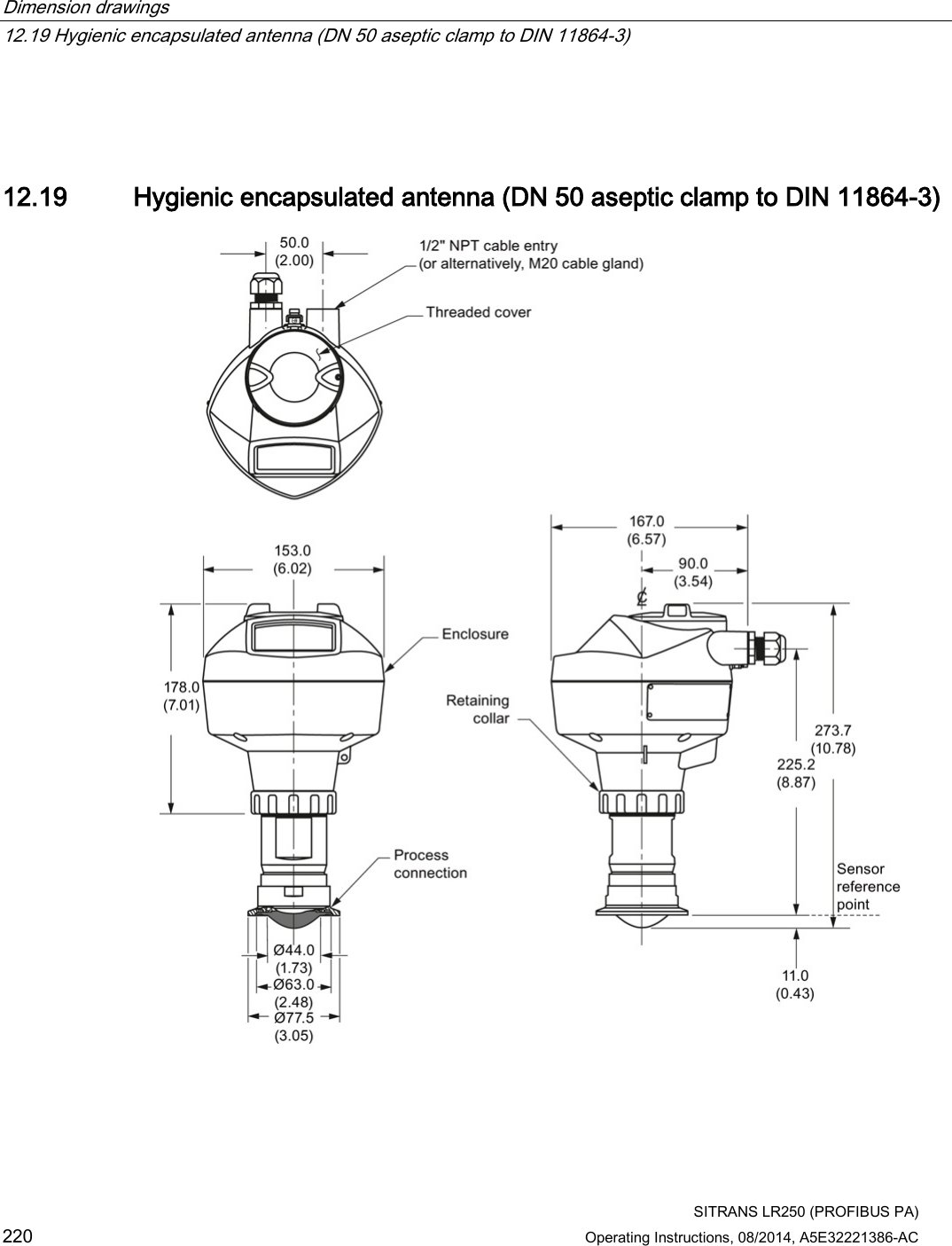 Dimension drawings   12.19 Hygienic encapsulated antenna (DN 50 aseptic clamp to DIN 11864-3)  SITRANS LR250 (PROFIBUS PA) 220 Operating Instructions, 08/2014, A5E32221386-AC  12.19 Hygienic encapsulated antenna (DN 50 aseptic clamp to DIN 11864-3)  