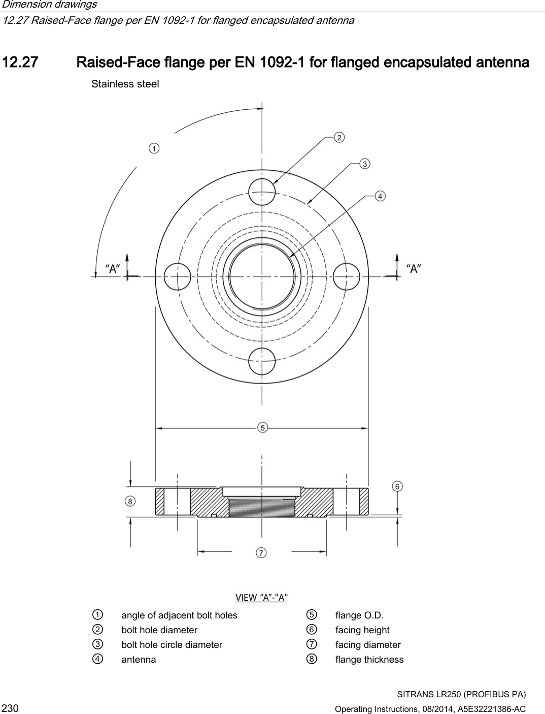 Dimension drawings   12.27 Raised-Face flange per EN 1092-1 for flanged encapsulated antenna  SITRANS LR250 (PROFIBUS PA) 230 Operating Instructions, 08/2014, A5E32221386-AC 12.27 Raised-Face flange per EN 1092-1 for flanged encapsulated antenna Stainless steel  ① angle of adjacent bolt holes ⑤ flange O.D. ② bolt hole diameter ⑥ facing height ③ bolt hole circle diameter ⑦ facing diameter ④ antenna ⑧ flange thickness 