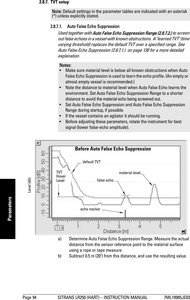 Page 94 SITRANS LR250 (HART) – INSTRUCTION MANUAL 7ML19985JE03mmmmmParameters2.8.7. TVT setup2.8.7.1.  Auto False Echo SuppressionUsed together with Auto False Echo Suppression Range (2.8.7.2.) to screen out false echoes in a vessel with known obstructions. A ’learned TVT’ (time varying threshold) replaces the default TVT over a specified range. See Auto False Echo Suppression (2.8.7.1.)  on page 130 for a more detailed explanation.a) Determine Auto False Echo Suppression Range. Measure the actual distance from the sensor reference point to the material surface using a rope or tape measure.b) Subtract 0.5 m (20&quot;) from this distance, and use the resulting value.Note: Default settings in the parameter tables are indicated with an asterisk (*) unless explicitly stated.Notes: • Make sure material level is below all known obstructions when Auto False Echo Suppression is used to learn the echo profile. (An empty or almost empty vessel is recommended.)• Note the distance to material level when Auto False Echo learns the environment. Set Auto False Echo Suppression Range to a shorter distance to avoid the material echo being screened out.• Set Auto False Echo Suppression and Auto False Echo Suppression Range during startup, if possible.• If the vessel contains an agitator it should be running. • Before adjusting these parameters, rotate the instrument for best signal (lower false-echo amplitude).Before Auto False Echo Suppression default TVTTVT Hover LevelLevel (db)echo markermaterial levelfalse echo
