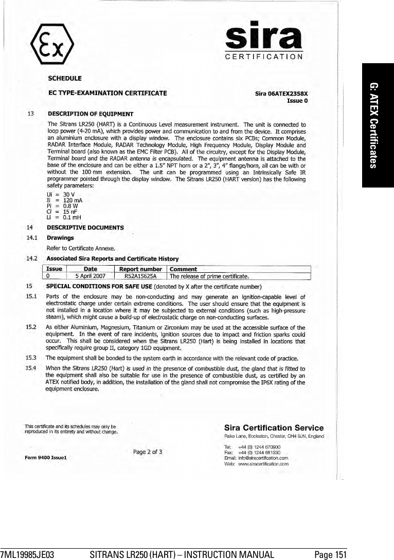 7ML19985JE03 SITRANS LR250 (HART) – INSTRUCTION MANUAL  Page 151mmmmmG: ATEX Certificates