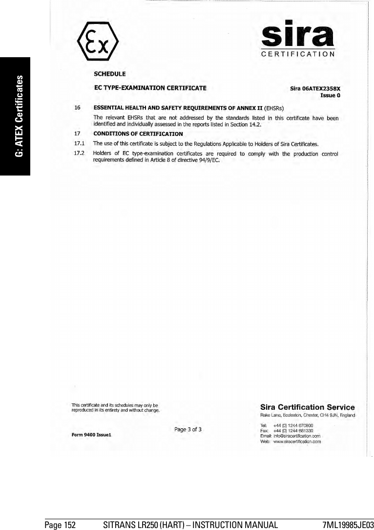 Page 152 SITRANS LR250 (HART) – INSTRUCTION MANUAL  7ML19985JE03mmmmmG: ATEX Certificates