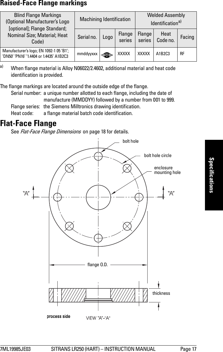 7ML19985JE03 SITRANS LR250 (HART) – INSTRUCTION MANUAL  Page 17mmmmmSpecificationsRaised-Face Flange markingsThe flange markings are located around the outside edge of the flange.Serial number:  a unique number allotted to each flange, including the date of manufacture (MMDDYY) followed by a number from 001 to 999.Flange series:  the Siemens Milltronics drawing identification.Heat code:  a flange material batch code identification.Flat-Face FlangeSee Flat-Face Flange Dimensions  on page 18 for details.Blind Flange Markings(Optional Manufacturer’s Logo [optional]; Flange Standard; Nominal Size; Material; Heat Code)Machining Identification Welded Assembly Identificationa)a) When flange material is Alloy N06022/2.4602, additional material and heat code identification is provided.Serial no.  Logo Flange seriesFlange seriesHeatCode no.  FacingManufacturer’s logo; EN 1092-1 05 ’B1’; ’DN50’ ’PN16’ ’1.4404 or 1.4435’ A1B2C3  mmddyyxxx XXXXX XXXXX A1B2C3 RFprocess sideenclosure mounting hole bolt holeflange O.D.bolt hole circlethickness