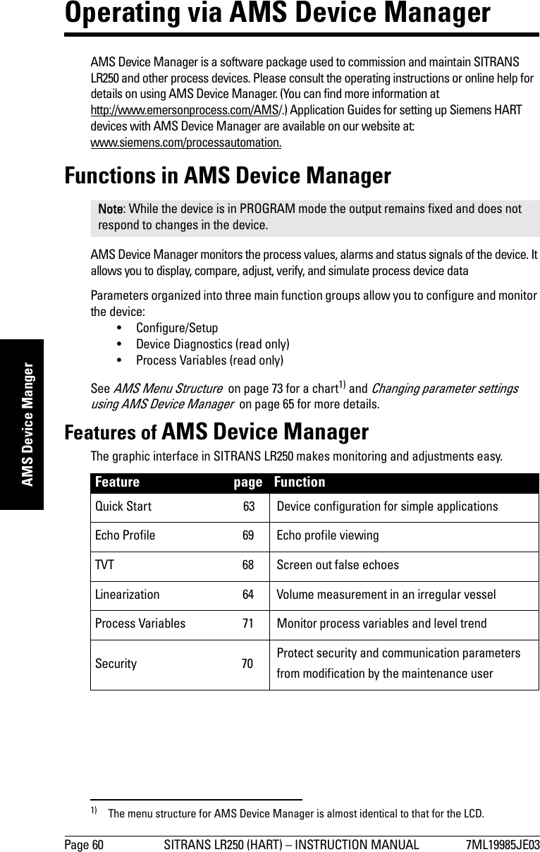 Page 60 SITRANS LR250 (HART) – INSTRUCTION MANUAL 7ML19985JE03mmmmmAMS Device MangerOperating via AMS Device ManagerAMS Device Manager is a software package used to commission and maintain SITRANS LR250 and other process devices. Please consult the operating instructions or online help for details on using AMS Device Manager. (You can find more information at http://www.emersonprocess.com/AMS/.) Application Guides for setting up Siemens HART devices with AMS Device Manager are available on our website at: www.siemens.com/processautomation.Functions in AMS Device ManagerAMS Device Manager monitors the process values, alarms and status signals of the device. It allows you to display, compare, adjust, verify, and simulate process device dataParameters organized into three main function groups allow you to configure and monitor the device: • Configure/Setup• Device Diagnostics (read only)• Process Variables (read only)See AMS Menu Structure  on page 73 for a chart1) and Changing parameter settings using AMS Device Manager  on page 65 for more details. Features of AMS Device ManagerThe graphic interface in SITRANS LR250 makes monitoring and adjustments easy. Note: While the device is in PROGRAM mode the output remains fixed and does not respond to changes in the device.1) The menu structure for AMS Device Manager is almost identical to that for the LCD. Feature page FunctionQuick Start  63 Device configuration for simple applicationsEcho Profile  69 Echo profile viewingTVT  68 Screen out false echoesLinearization  64 Volume measurement in an irregular vesselProcess Variables  71 Monitor process variables and level trendSecurity 70 Protect security and communication parameters from modification by the maintenance user