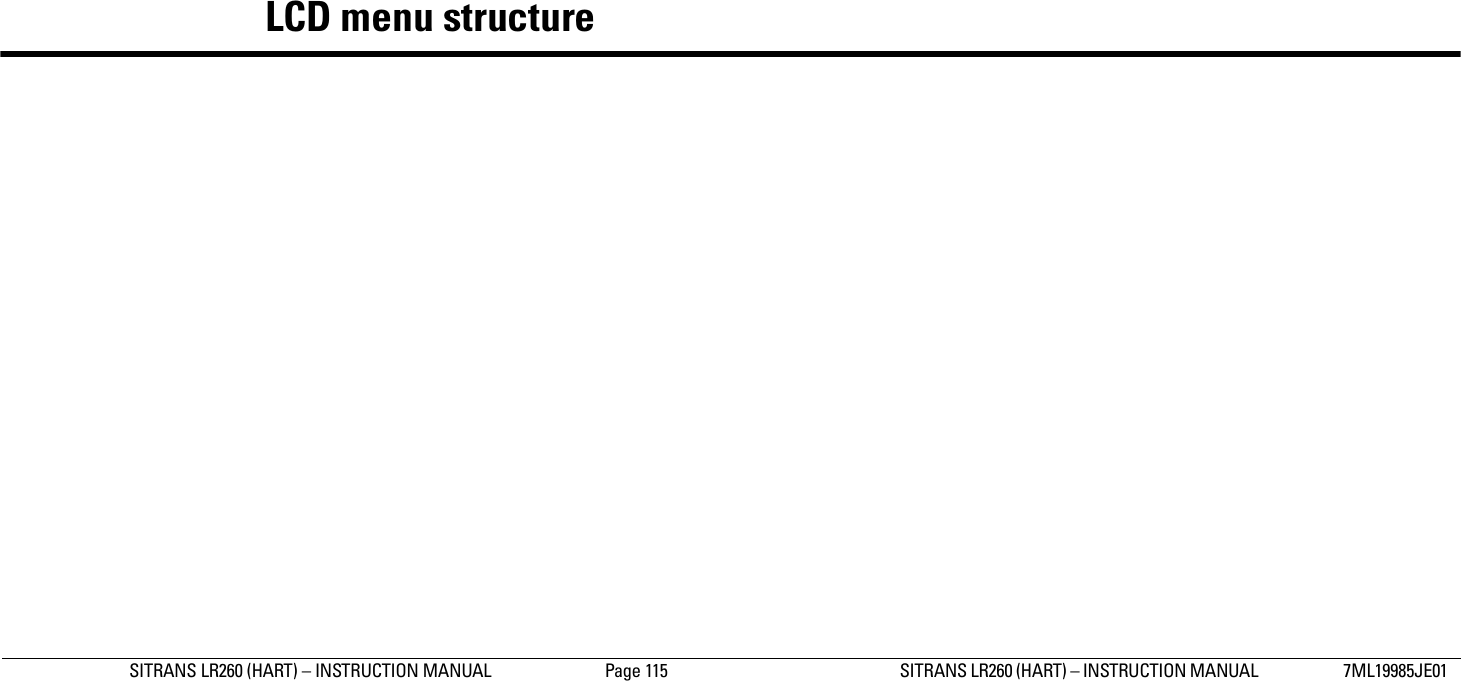 SITRANS LR260 (HART) – INSTRUCTION MANUAL  Page 115 SITRANS LR260 (HART) – INSTRUCTION MANUAL  7ML19985JE01Appendix C: menu chartLCD menu structure