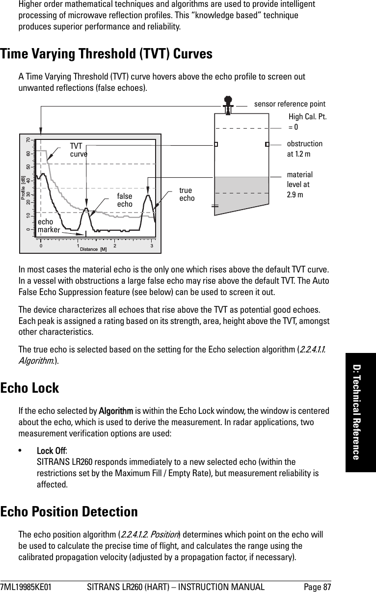 7ML19985KE01 SITRANS LR260 (HART) – INSTRUCTION MANUAL Page 87mmmmmD: Technical ReferenceHigher order mathematical techniques and algorithms are used to provide intelligent processing of microwave reflection profiles. This “knowledge based” technique produces superior performance and reliability.Time Varying Threshold (TVT) CurvesA Time Varying Threshold (TVT) curve hovers above the echo profile to screen out unwanted reflections (false echoes). In most cases the material echo is the only one which rises above the default TVT curve. In a vessel with obstructions a large false echo may rise above the default TVT. The Auto False Echo Suppression feature (see below) can be used to screen it out.The device characterizes all echoes that rise above the TVT as potential good echoes. Each peak is assigned a rating based on its strength, area, height above the TVT, amongst other characteristics. The true echo is selected based on the setting for the Echo selection algorithm (2.2.4.1.1. Algorithm.).Echo LockIf the echo selected by Algorithm is within the Echo Lock window, the window is centered about the echo, which is used to derive the measurement. In radar applications, two measurement verification options are used:•Lock Off:    SITRANS LR260 responds immediately to a new selected echo (within the restrictions set by the Maximum Fill / Empty Rate), but measurement reliability is affected.Echo Position DetectionThe echo position algorithm (2.2.4.1.2. Position) determines which point on the echo will be used to calculate the precise time of flight, and calculates the range using the calibrated propagation velocity (adjusted by a propagation factor, if necessary). Distance [M]0123Profile [dB]010 20 30 40 50 60 70High Cal. Pt.= 0obstruction at 1.2 mmaterial level at 2.9 mecho markerfalse echo true echo TVT curvesensor reference point