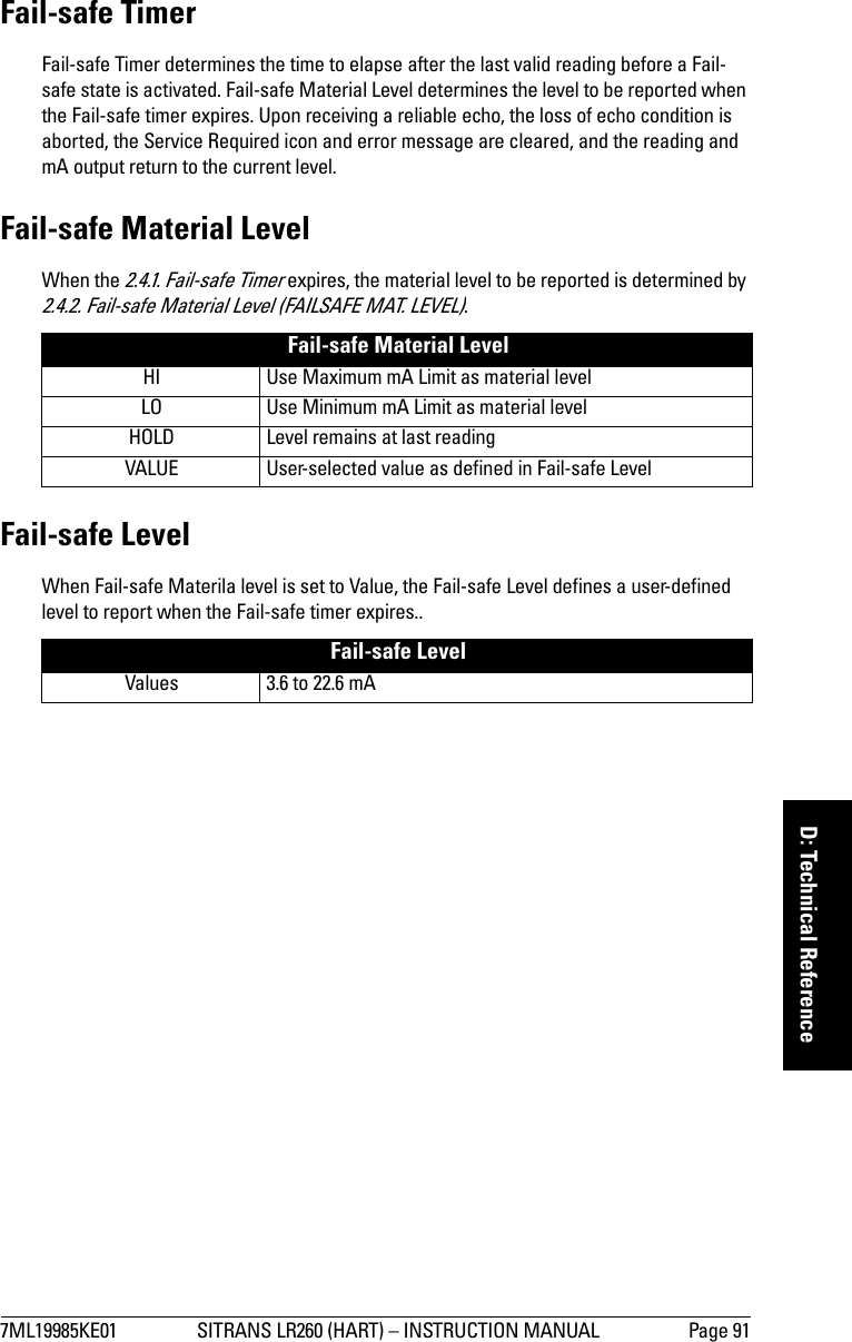 7ML19985KE01 SITRANS LR260 (HART) – INSTRUCTION MANUAL Page 91mmmmmD: Technical ReferenceFail-safe TimerFail-safe Timer determines the time to elapse after the last valid reading before a Fail-safe state is activated. Fail-safe Material Level determines the level to be reported when the Fail-safe timer expires. Upon receiving a reliable echo, the loss of echo condition is aborted, the Service Required icon and error message are cleared, and the reading and mA output return to the current level.Fail-safe Material LevelWhen the 2.4.1. Fail-safe Timer expires, the material level to be reported is determined by 2.4.2. Fail-safe Material Level (FAILSAFE MAT. LEVEL).Fail-safe LevelWhen Fail-safe Materila level is set to Value, the Fail-safe Level defines a user-defined level to report when the Fail-safe timer expires..Fail-safe Material LevelHI Use Maximum mA Limit as material levelLO Use Minimum mA Limit as material level HOLD Level remains at last readingVALUE User-selected value as defined in Fail-safe LevelFail-safe LevelValues 3.6 to 22.6 mA
