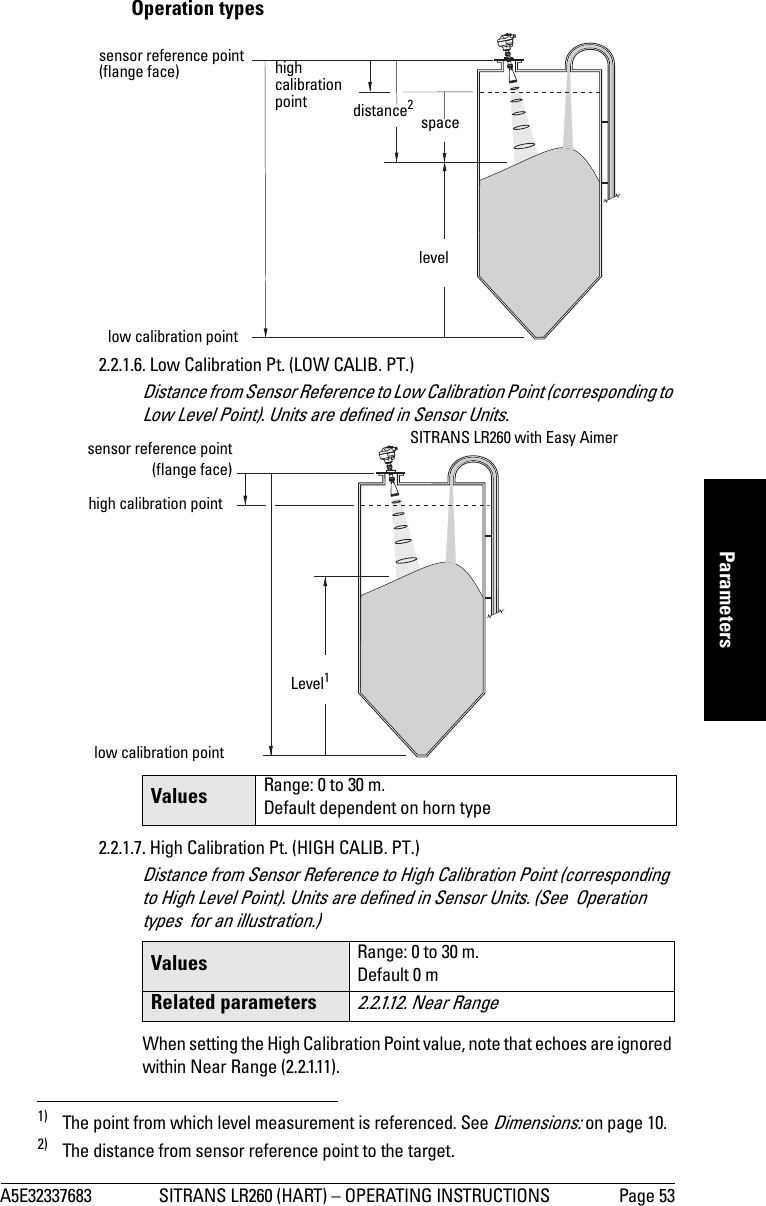 A5E32337683 SITRANS LR260 (HART) – OPERATING INSTRUCTIONS Page 53mmmmmParametersOperation types2.2.1.6. Low Calibration Pt. (LOW CALIB. PT.)Distance from Sensor Reference to Low Calibration Point (corresponding to Low Level Point). Units are defined in Sensor Units.1)  2)2.2.1.7. High Calibration Pt. (HIGH CALIB. PT.)Distance from Sensor Reference to High Calibration Point (corresponding to High Level Point). Units are defined in Sensor Units. (See  Operation types  for an illustration.)When setting the High Calibration Point value, note that echoes are ignored within Near Range (2.2.1.11).Values Range: 0 to 30 m. Default dependent on horn type1) The point from which level measurement is referenced. See Dimensions: on page 10.2) The distance from sensor reference point to the target.Values Range: 0 to 30 m. Default 0 mRelated parameters2.2.1.12. Near Range high calibration pointlow calibration pointlevelspacedistance2 sensor reference point (flange face) sensor reference point(flange face)low calibration pointhigh calibration pointSITRANS LR260 with Easy AimerLevel1