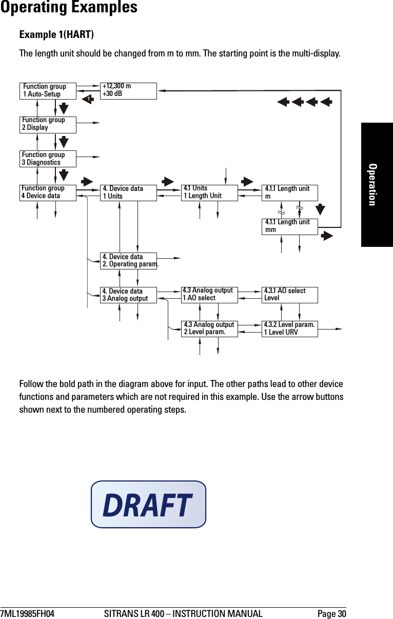 7ML19985FH04 SITRANS LR 400 – INSTRUCTION MANUAL  Page 30mmmmmOperationOperating ExamplesExample 1(HART)The length unit should be changed from m to mm. The starting point is the multi-display.Follow the bold path in the diagram above for input. The other paths lead to other device functions and parameters which are not required in this example. Use the arrow buttons shown next to the numbered operating steps.1Function group1 Auto-Setup+12,300 m +30 dBFunction group2 DisplayFunction group3 DiagnosticsFunction group4 Device data 4. Device data1 Units4.1 Units1 Length Unit 4.1.1 Length unitm4.1.1 Length unitmm4. Device data2. Operating param.4. Device data3 Analog output4.3 Analog output1 AO select4.3.1 AO selectLevel4.3 Analog output2 Level param.4.3.2 Level param.1 Level URV