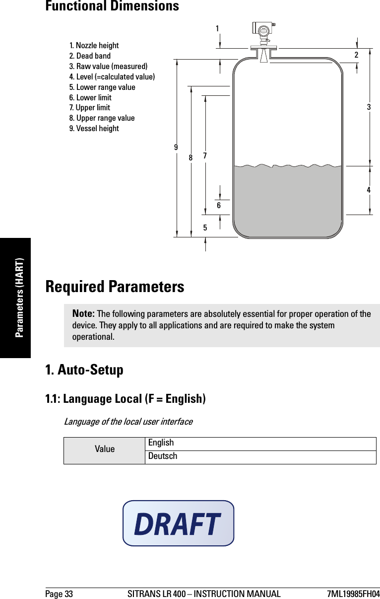 Page 33 SITRANS LR 400 – INSTRUCTION MANUAL  7ML19985FH04mmmmmParameters (HART)Functional DimensionsRequired Parameters1. Auto-Setup1.1: Language Local (F = English)Language of the local user interfaceNote: The following parameters are absolutely essential for proper operation of the device. They apply to all applications and are required to make the system operational.Value EnglishDeutschSITRAN S  LR  400 1. Nozzle height 2. Dead band 3. Raw value (measured) 4. Level (=calculated value) 5. Lower range value 6. Lower limit 7. Upper limit 8. Upper range value 9. Vessel height123456789