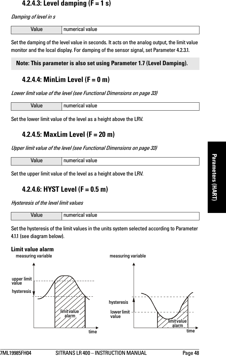 7ML19985FH04 SITRANS LR 400 – INSTRUCTION MANUAL  Page 48mmmmmParameters (HART)4.2.4.3: Level damping (F = 1 s)Damping of level in sSet the damping of the level value in seconds. It acts on the analog output, the limit value monitor and the local display. For damping of the sensor signal, set Parameter 4.2.3.1.4.2.4.4: MinLim Level (F = 0 m)Lower limit value of the level (see Functional Dimensions on page 33)Set the lower limit value of the level as a height above the LRV.4.2.4.5: MaxLim Level (F = 20 m)Upper limit value of the level (see Functional Dimensions on page 33)Set the upper limit value of the level as a height above the LRV.4.2.4.6: HYST Level (F = 0.5 m)Hysteresis of the level limit valuesSet the hysteresis of the limit values in the units system selected according to Parameter 4.1.1 (see diagram below).Limit value alarmValue numerical valueNote: This parameter is also set using Parameter 1.7 (Level Damping).Value numerical valueValue numerical valueValue numerical valuemeasuring variable measuring variableupper limit valuehysteresislower limit valuelimit value alarmhysteresislimit value alarmtimetime