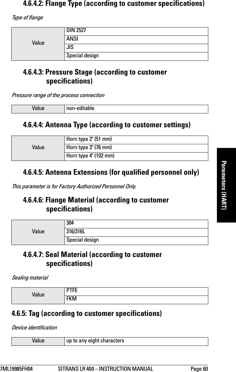 7ML19985FH04 SITRANS LR 400 – INSTRUCTION MANUAL  Page 60mmmmmParameters (HART)4.6.4.2: Flange Type (according to customer specifications)Type of flange4.6.4.3: Pressure Stage (according to customer specifications)Pressure range of the process connection4.6.4.4: Antenna Type (according to customer settings)4.6.4.5: Antenna Extensions (for qualified personnel only)This parameter is for Factory Authorized Personnel Only.4.6.4.6: Flange Material (according to customer specifications)4.6.4.7: Seal Material (according to customer specifications)Sealing material4.6.5: Tag (according to customer specifications)Device identificationValueDIN 2527ANSIJISSpecial designValue non-editableValueHorn type 2&quot; (51 mm)Horn type 3&quot; (76 mm)Horn type 4&quot; (102 mm)Value304316/316LSpecial designValue PTFEFKMValue up to any eight characters