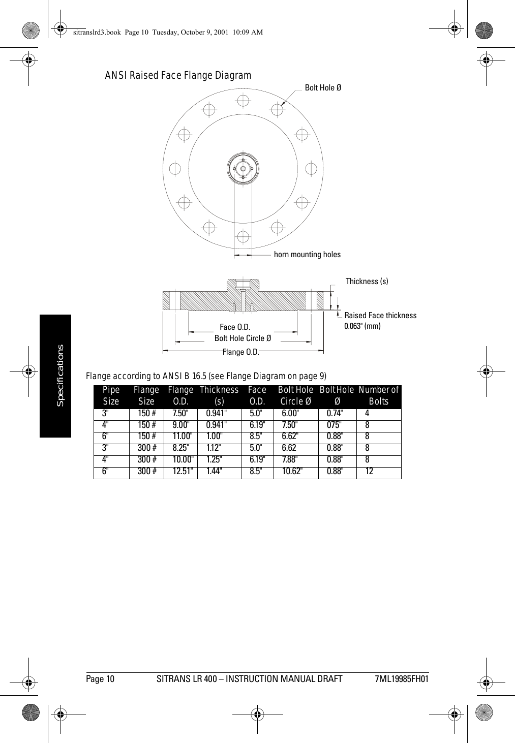 Page 10 SITRANS LR 400 – INSTRUCTION MANUAL DRAFT 7ML19985FH01mmmmmSpecificationsANSI Raised Face Flange DiagramFlange according to ANSI B 16.5 (see Flange Diagram on page 9)Pipe Size Flange Size Flange O.D. Thickness (s) Face O.D. Bolt Hole Circle Ø Bolt Hole ØNumber of Bolts3&quot; 150 # 7.50&quot; 0.941&quot; 5.0&quot; 6.00&quot; 0.74&quot; 44&quot; 150 # 9.00&quot; 0.941&quot; 6.19&quot; 7.50&quot; 075&quot; 86&quot; 150 # 11.00&quot; 1.00&quot; 8.5&quot; 6.62&quot; 0.88&quot; 83&quot; 300 # 8.25&quot; 1.12&quot; 5.0&quot; 6.62 0.88&quot; 84&quot; 300 # 10.00&quot; 1.25&quot; 6.19&quot; 7.88&quot; 0.88&quot; 86&quot; 300 # 12.51&quot; 1.44&quot; 8.5&quot; 10.62&quot; 0.88&quot; 12Thickness (s)Raised Face thickness 0.063&quot; (mm)Bolt Hole Øhorn mounting holesFlange O.D.Bolt Hole Circle ØFace O.D.sitranslrd3.book  Page 10  Tuesday, October 9, 2001  10:09 AM