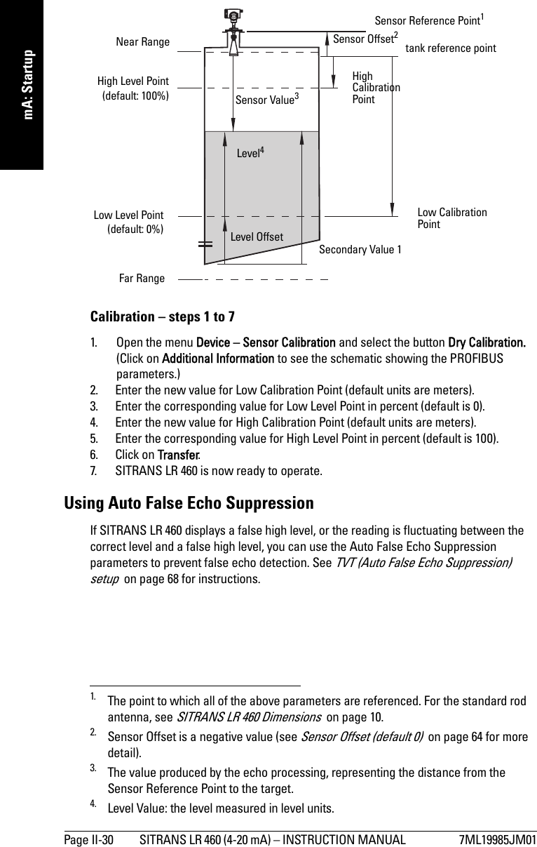 Page II-30 SITRANS LR 460 (4-20 mA) – INSTRUCTION MANUAL  7ML19985JM01mmmmmmA: Startup1, 2, 3, 4.,, Calibration – steps 1 to 71. Open the menu Device – Sensor Calibration and select the button Dry Calibration. (Click on Additional Information to see the schematic showing the PROFIBUS parameters.)2. Enter the new value for Low Calibration Point (default units are meters).3. Enter the corresponding value for Low Level Point in percent (default is 0).4. Enter the new value for High Calibration Point (default units are meters).5. Enter the corresponding value for High Level Point in percent (default is 100).6. Click on Transfer.7. SITRANS LR 460 is now ready to operate.Using Auto False Echo SuppressionIf SITRANS LR 460 displays a false high level, or the reading is fluctuating between the correct level and a false high level, you can use the Auto False Echo Suppression parameters to prevent false echo detection. See TVT (Auto False Echo Suppression) setup  on page 68 for instructions.1. The point to which all of the above parameters are referenced. For the standard rod antenna, see SITRANS LR 460 Dimensions  on page 10. 2. Sensor Offset is a negative value (see Sensor Offset (default 0)  on page 64 for more detail).3. The value produced by the echo processing, representing the distance from the Sensor Reference Point to the target. 4. Level Value: the level measured in level units.High Level Point(default: 100%)Sensor Reference Point1 Sensor Value3Low Level Point(default: 0%)Level4 Level OffsetSecondary Value 1Low Calibration PointSensor Offset2High Calibration PointFar RangeNear Rangetank reference point
