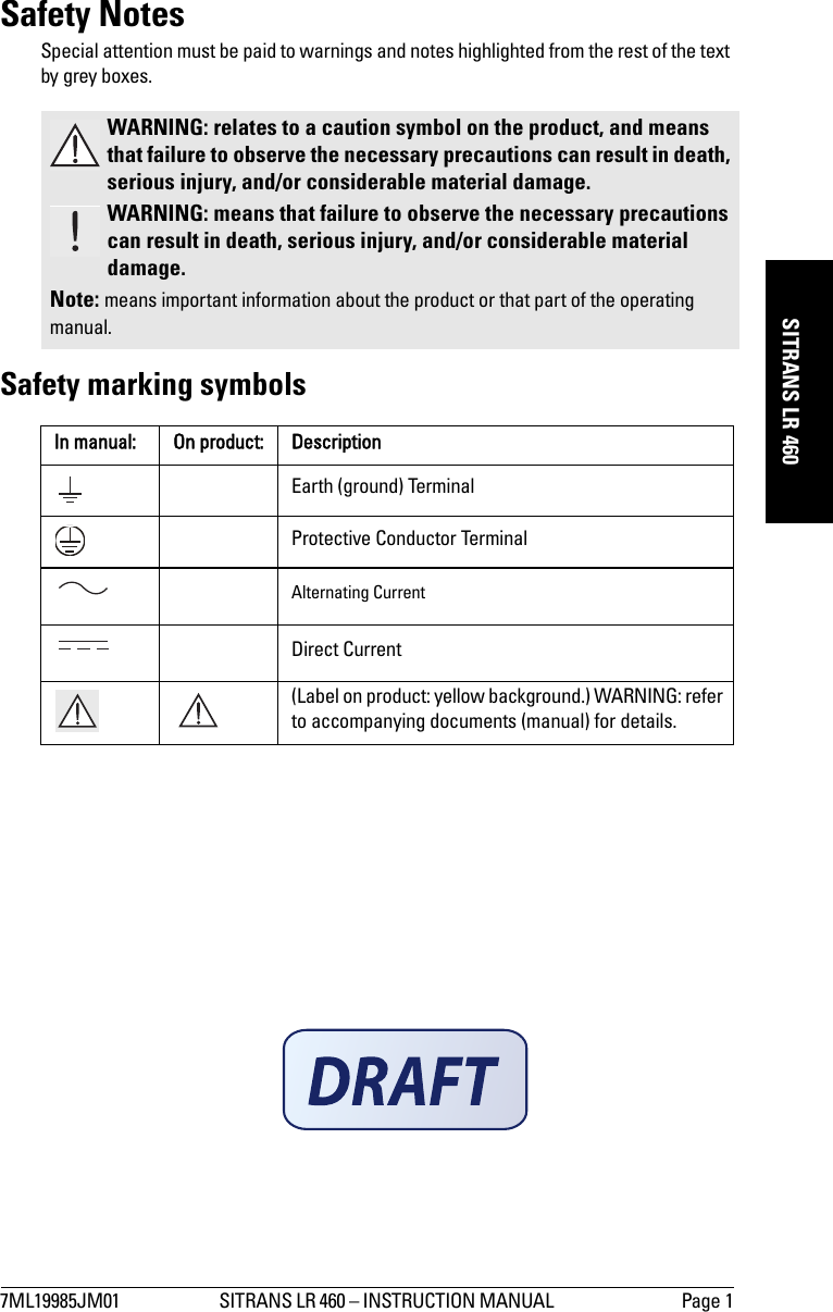 7ML19985JM01 SITRANS LR 460 – INSTRUCTION MANUAL  Page 1mmmmmSITRANS LR 460Safety NotesSpecial attention must be paid to warnings and notes highlighted from the rest of the text by grey boxes.Safety marking symbolsWARNING: relates to a caution symbol on the product, and means that failure to observe the necessary precautions can result in death, serious injury, and/or considerable material damage.WARNING: means that failure to observe the necessary precautions can result in death, serious injury, and/or considerable material damage.Note: means important information about the product or that part of the operating manual.In manual: On product: DescriptionEarth (ground) TerminalProtective Conductor TerminalAlternating CurrentDirect Current(Label on product: yellow background.) WARNING: refer to accompanying documents (manual) for details.