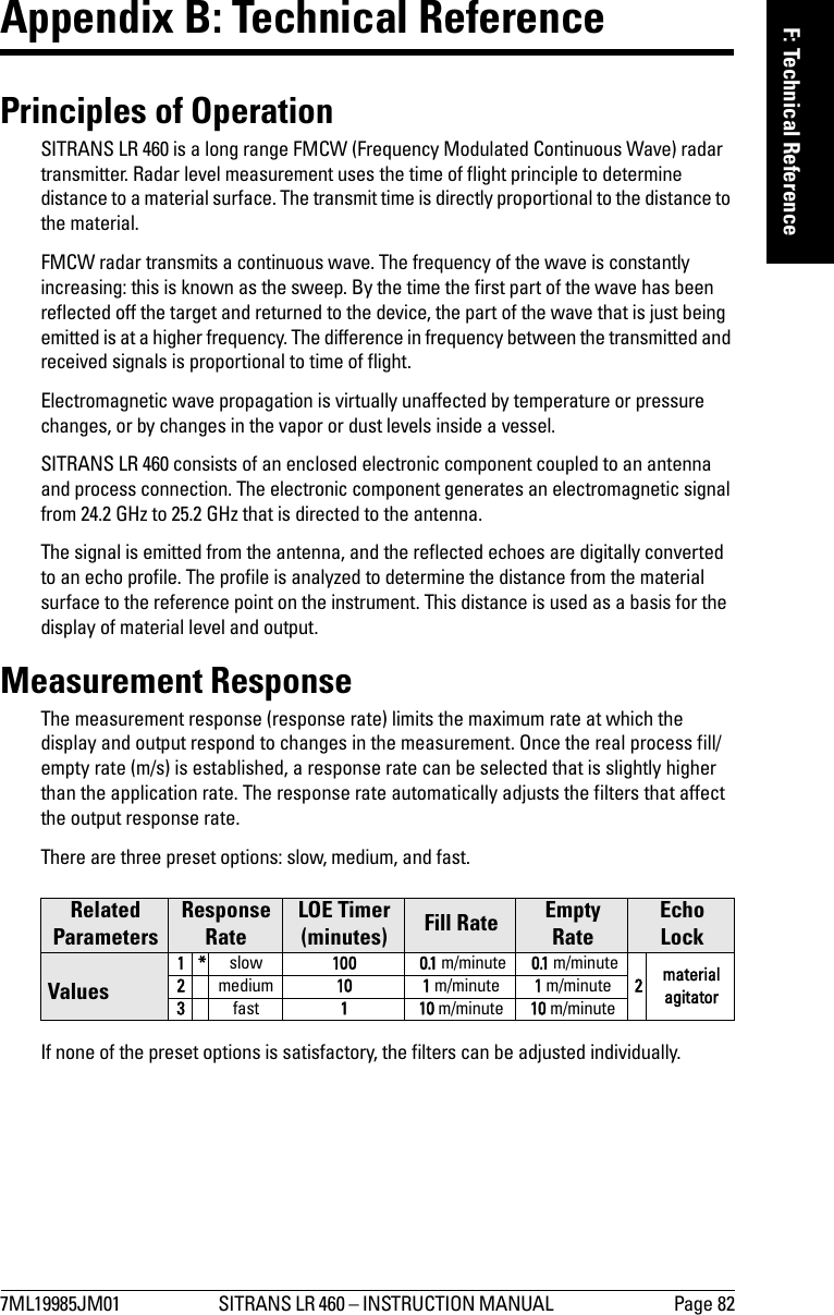 7ML19985JM01 SITRANS LR 460 – INSTRUCTION MANUAL  Page 82mmmmmF: Technical ReferenceAppendix B: Technical ReferencePrinciples of Operation SITRANS LR 460 is a long range FMCW (Frequency Modulated Continuous Wave) radar transmitter. Radar level measurement uses the time of flight principle to determine distance to a material surface. The transmit time is directly proportional to the distance to the material. FMCW radar transmits a continuous wave. The frequency of the wave is constantly increasing: this is known as the sweep. By the time the first part of the wave has been reflected off the target and returned to the device, the part of the wave that is just being emitted is at a higher frequency. The difference in frequency between the transmitted and received signals is proportional to time of flight. Electromagnetic wave propagation is virtually unaffected by temperature or pressure changes, or by changes in the vapor or dust levels inside a vessel.SITRANS LR 460 consists of an enclosed electronic component coupled to an antenna and process connection. The electronic component generates an electromagnetic signal from 24.2 GHz to 25.2 GHz that is directed to the antenna.The signal is emitted from the antenna, and the reflected echoes are digitally converted to an echo profile. The profile is analyzed to determine the distance from the material surface to the reference point on the instrument. This distance is used as a basis for the display of material level and output.Measurement ResponseThe measurement response (response rate) limits the maximum rate at which the display and output respond to changes in the measurement. Once the real process fill/empty rate (m/s) is established, a response rate can be selected that is slightly higher than the application rate. The response rate automatically adjusts the filters that affect the output response rate. There are three preset options: slow, medium, and fast.If none of the preset options is satisfactory, the filters can be adjusted individually.Related ParametersResponseRateLOE Timer (minutes) Fill Rate Empty RateEcho LockValues1* slow 100  0.1 m/minute  0.1 m/minute2material agitator2medium 10 1 m/minute 1 m/minute3fast 1 10 m/minute 10 m/minute